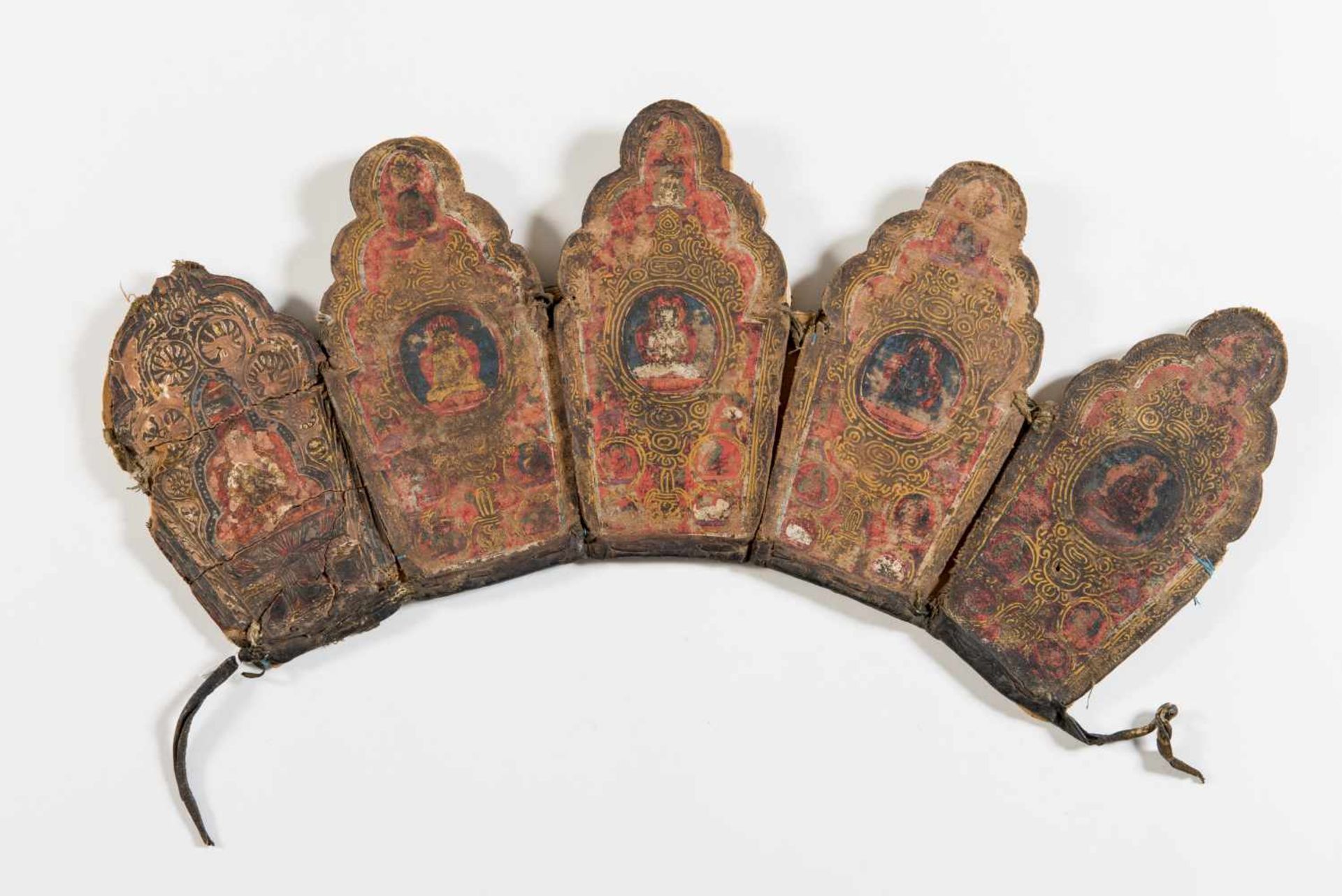 RITUAL CROWN OF A LAMAColor on textile on papier mâché, leatherTibet, 15th centuryCrown in the