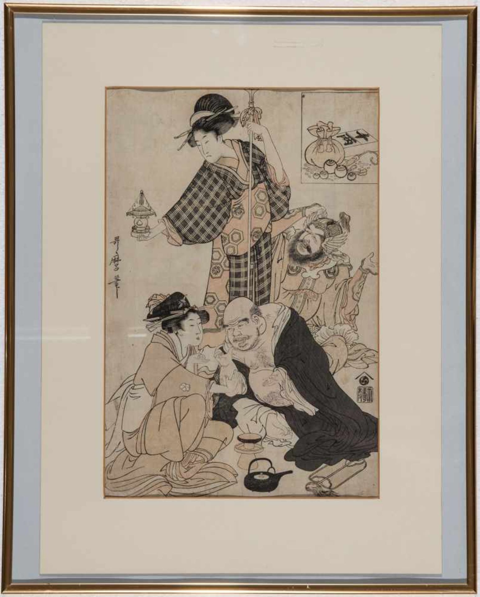 KITAGAWA UTAMARO (C. 1753-1806): TWO GODS OF FORTUNE PLAYING PARTY GAMESOriginal color woodblock