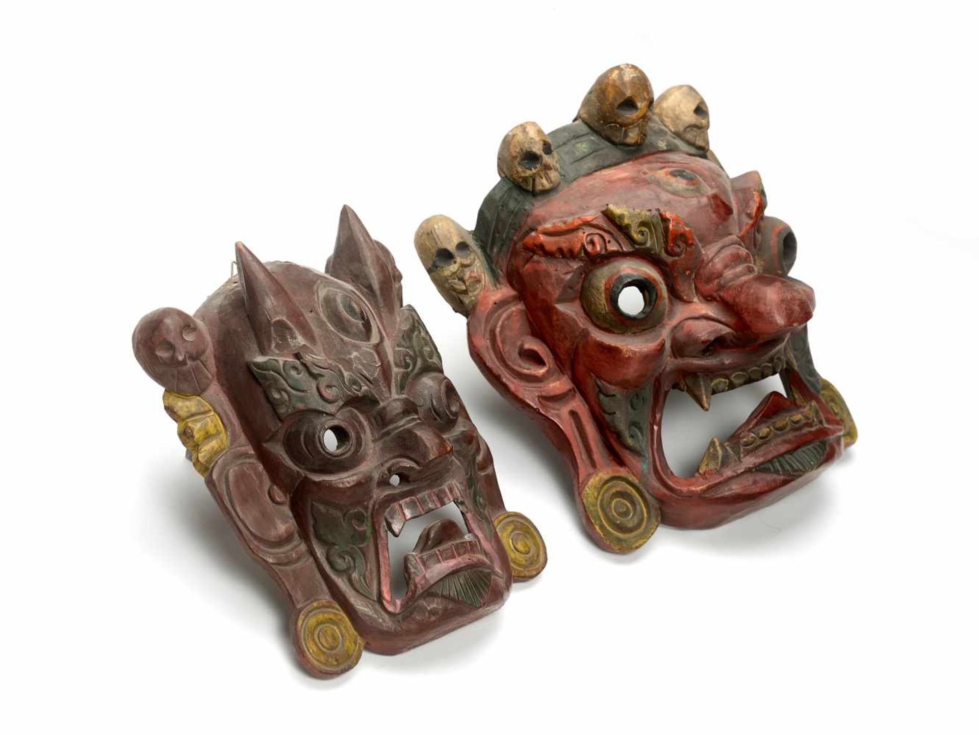 TWO TIBETAN MASKS – 1900 - 1930Polychrome colors on woodTibet, 1900-1930The larger is a - Image 3 of 4