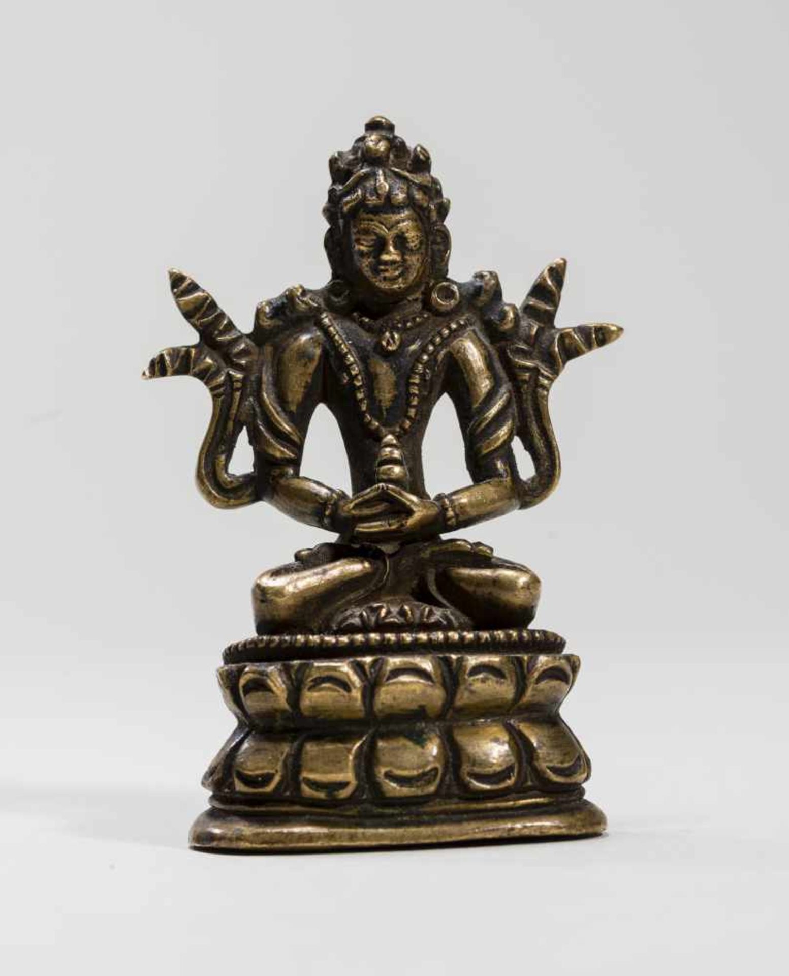 A SINO-TIBETAN MINIATURE BRONZE OF BUDDHA AMITAYUS, 18TH-19TH CENTURYFire-gilt bronzeTibet, 18th