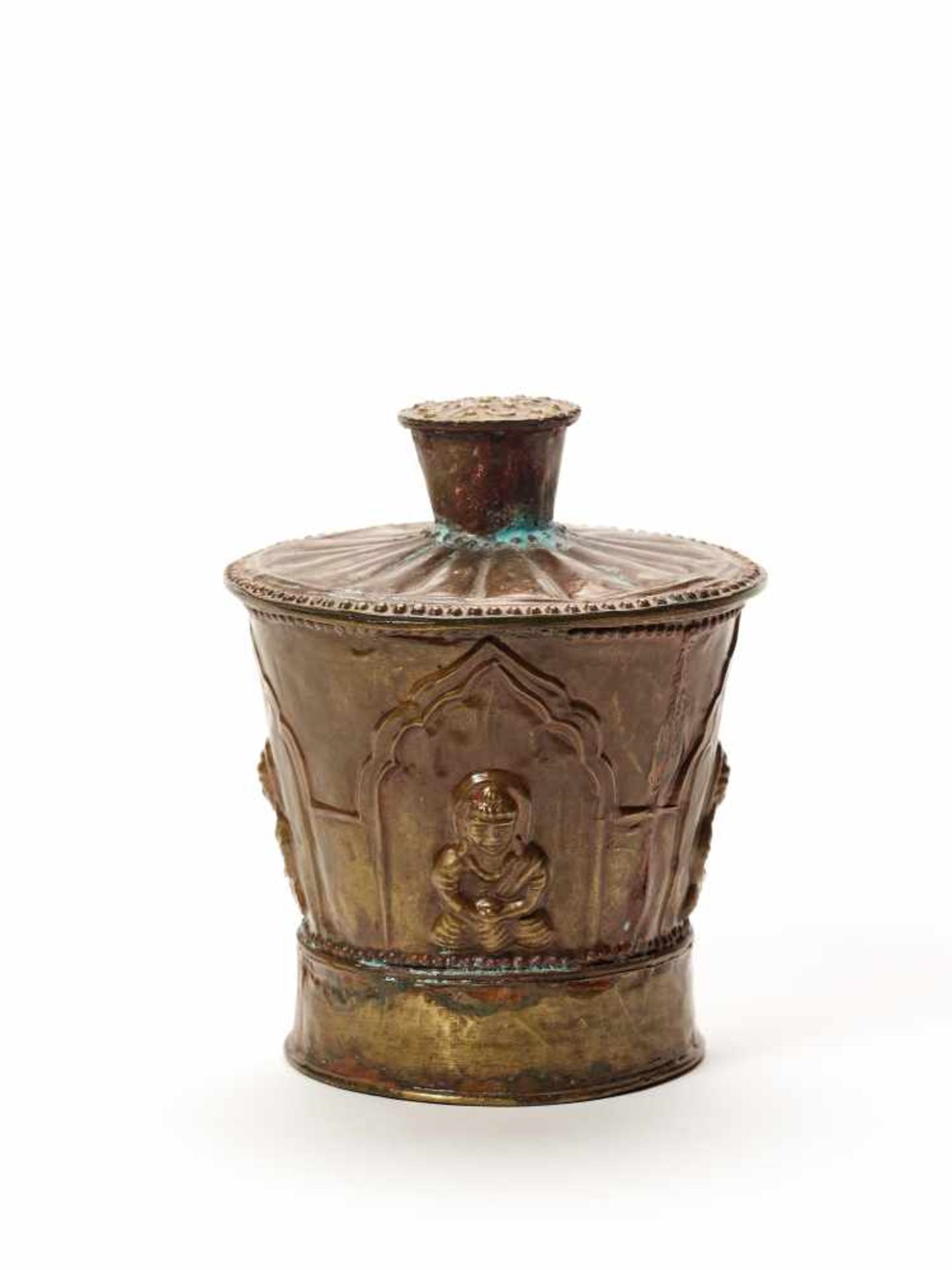 A BRASS LIDDED BOX IN THE STYLE OF GANDHARASheet brassIndia, late 19th/early 20th centuryThe