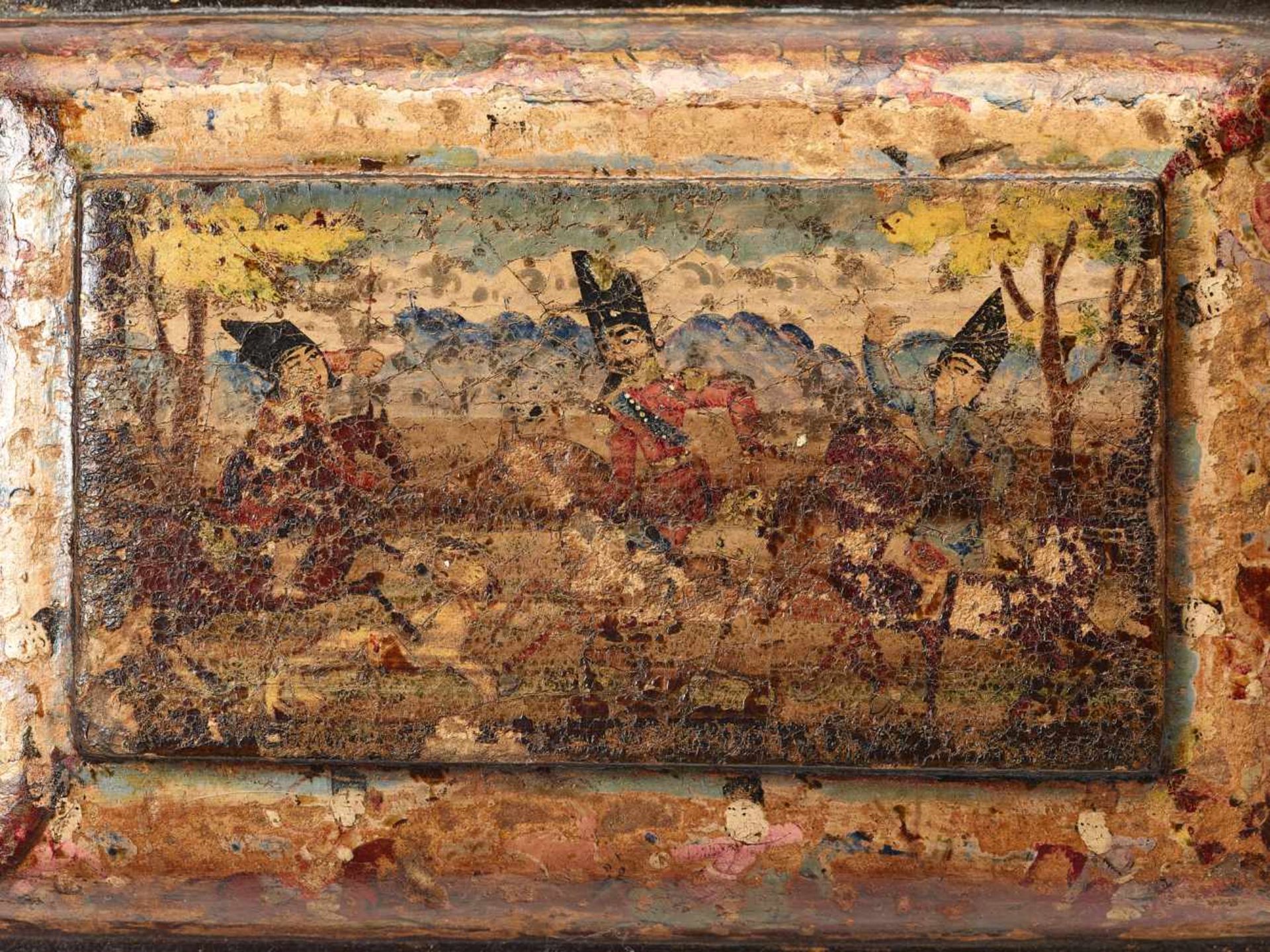A PERSIAN QAJAR PAINTED AND GILT PAPIER MACHE LIDDED BOX DEPICTING A HUNTING SCENE, 19th - Image 3 of 5