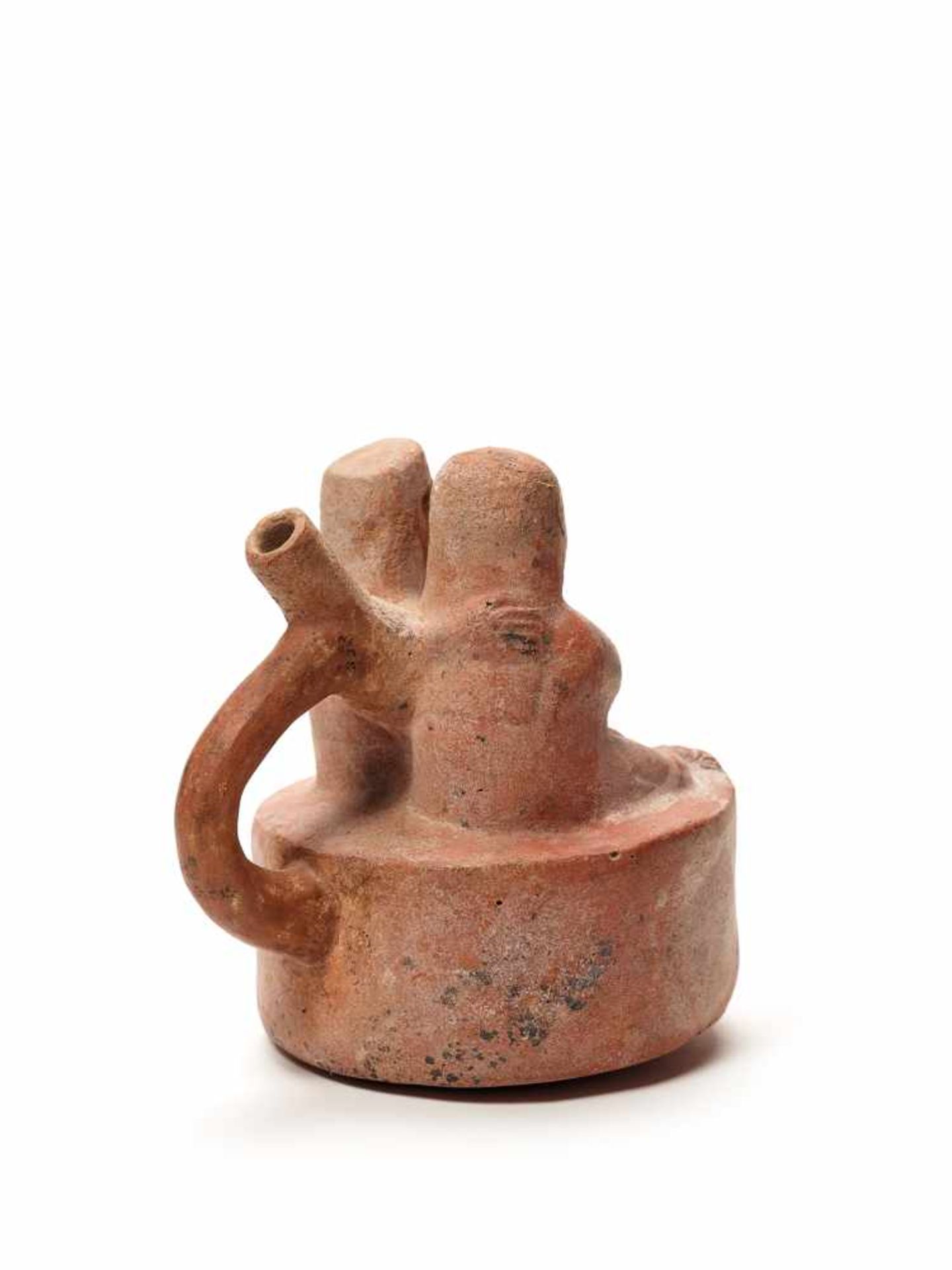 FIGURATIVE STIRRUP VESSEL – MOCHE CULTURE, PERU, C. 500 ADFired clay with white and black - Image 4 of 4