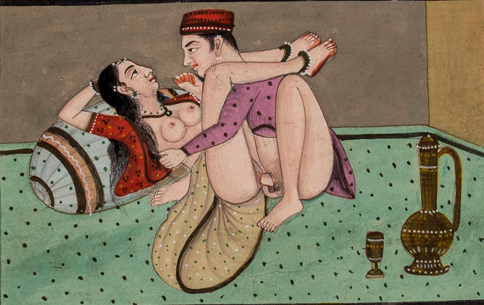 AN EROTIC MINIATURE PAINTING - INDIA, 19TH – EARLY 20th CENTURYGouache on paper, with