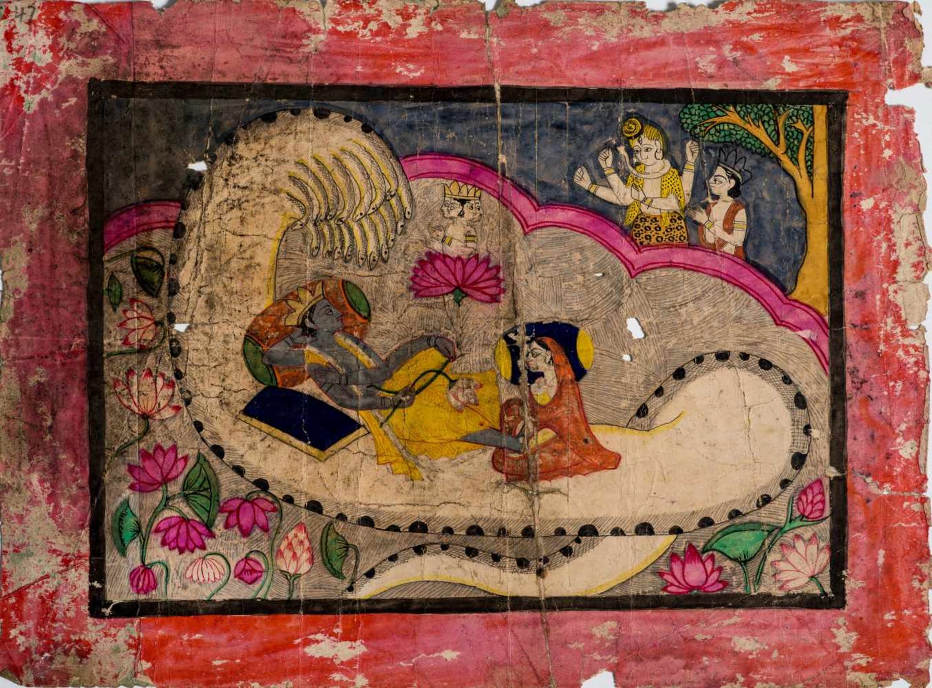 VISHNU ON THE WORLDSNAKE - INDIA, 19TH CENTURYMiniature painting with colors on paper India, 19th
