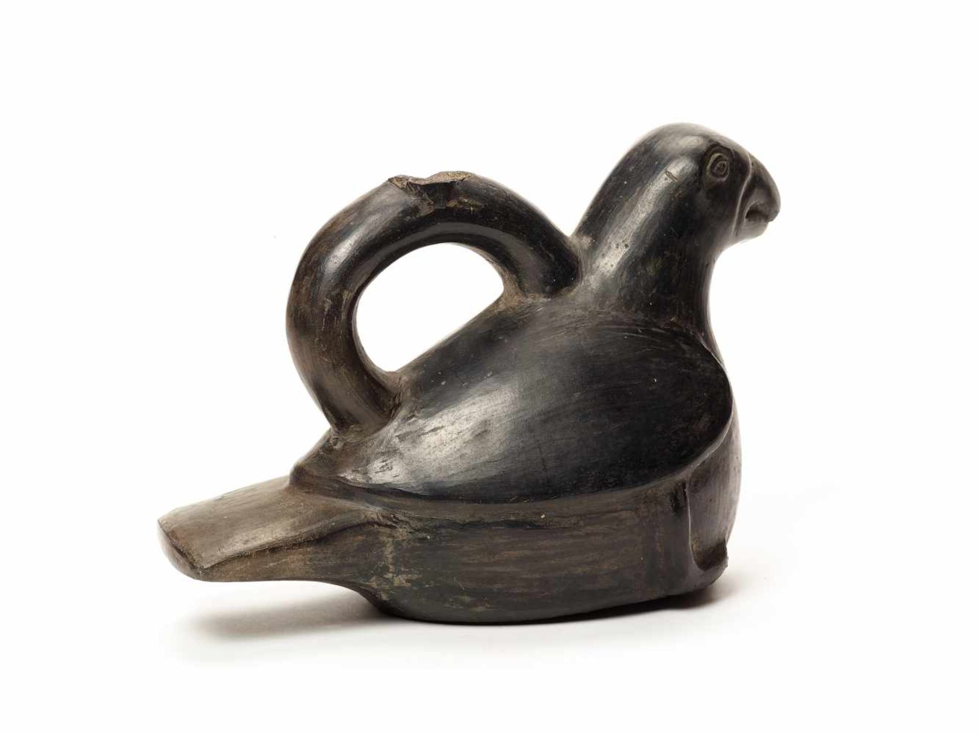 STIRRUP VESSEL - VICUS CULTURE, PERU, C. 100 BC-400 ADBlack fired clayVicus culture, Peru, c. 100 - Image 3 of 3