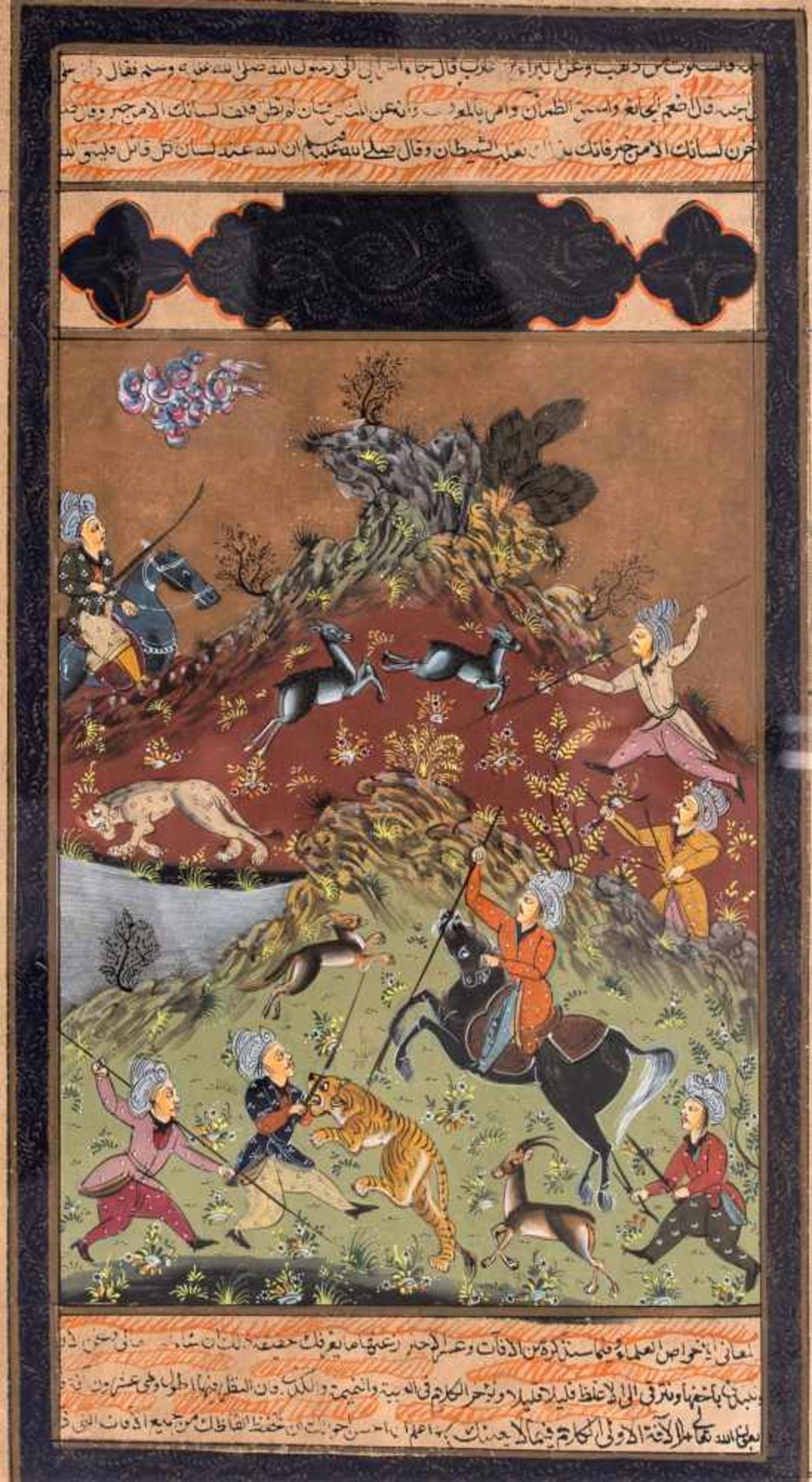 A MINIATURE PAINTING OF A HUNTING SCENE- 19th CENTURYMiniature painting with colors and gold on