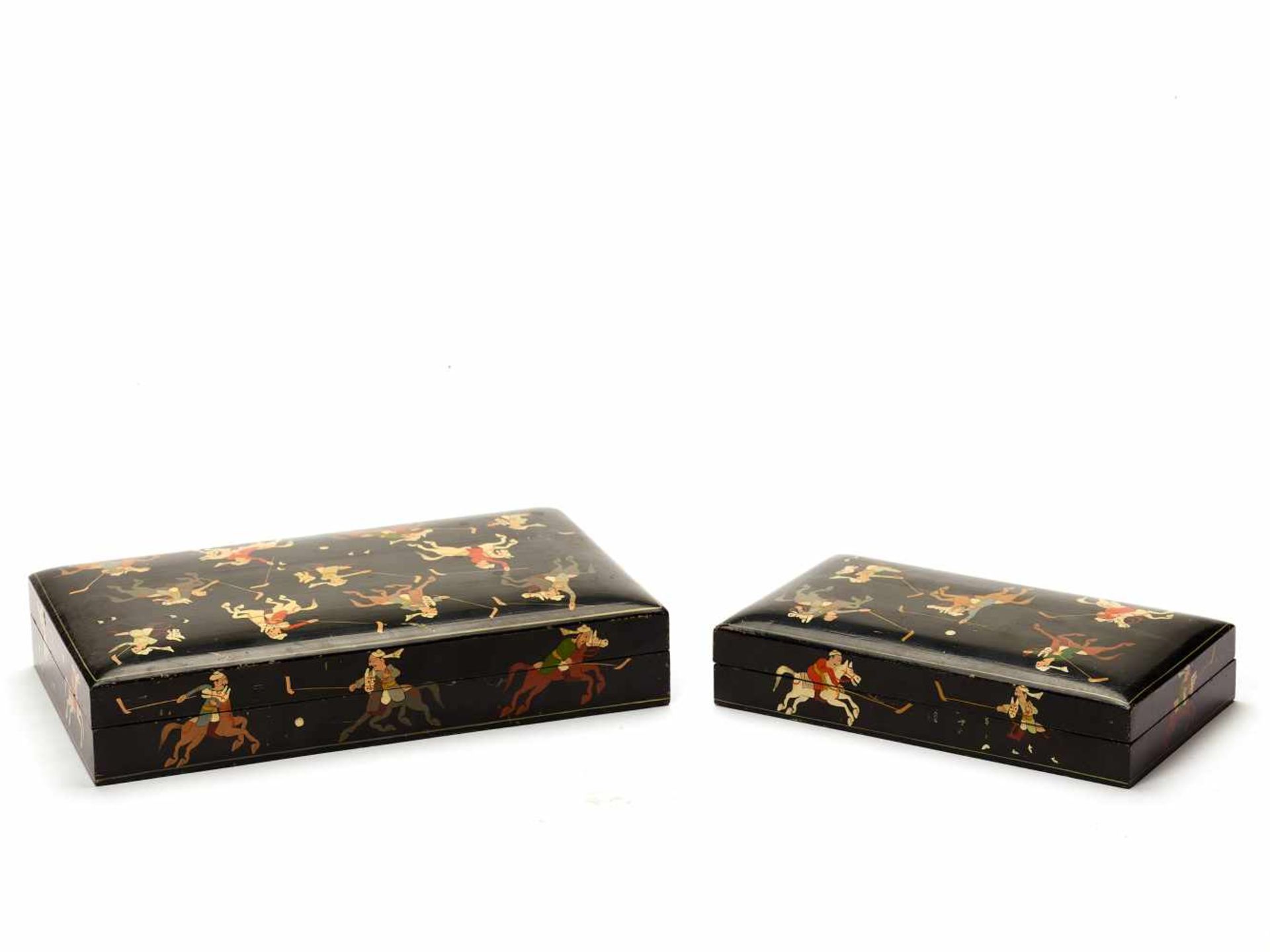 A 1950s LACQUERED PAIR OF JEWELRY BOXES WITH POLO RIDERSLacquered woodIndia, Srinagar, KashmirThe - Image 4 of 4