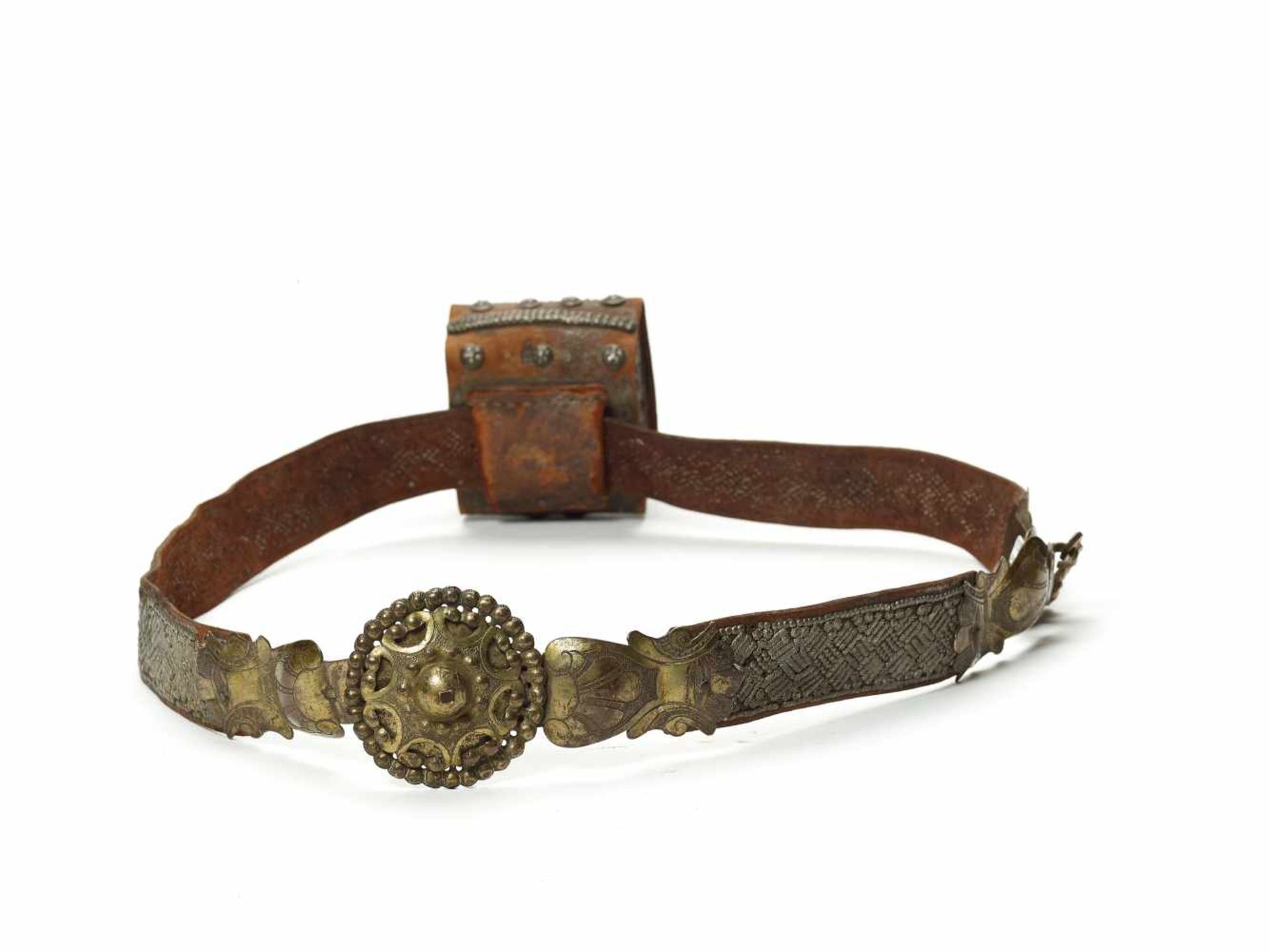 A BELT WITH BUCKLE AND VESSEL, C. 19TH CENTURYBrass, silver-plated, leatherNorthern India or - Image 3 of 5