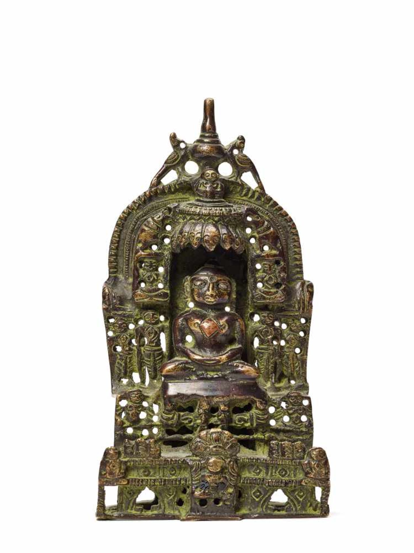 AN INDIAN BRONZE JAIN ALTAR AFTER A HISTORIC PIECE, 20TH CENTURYBronze, silver inlaysIndia, 20th