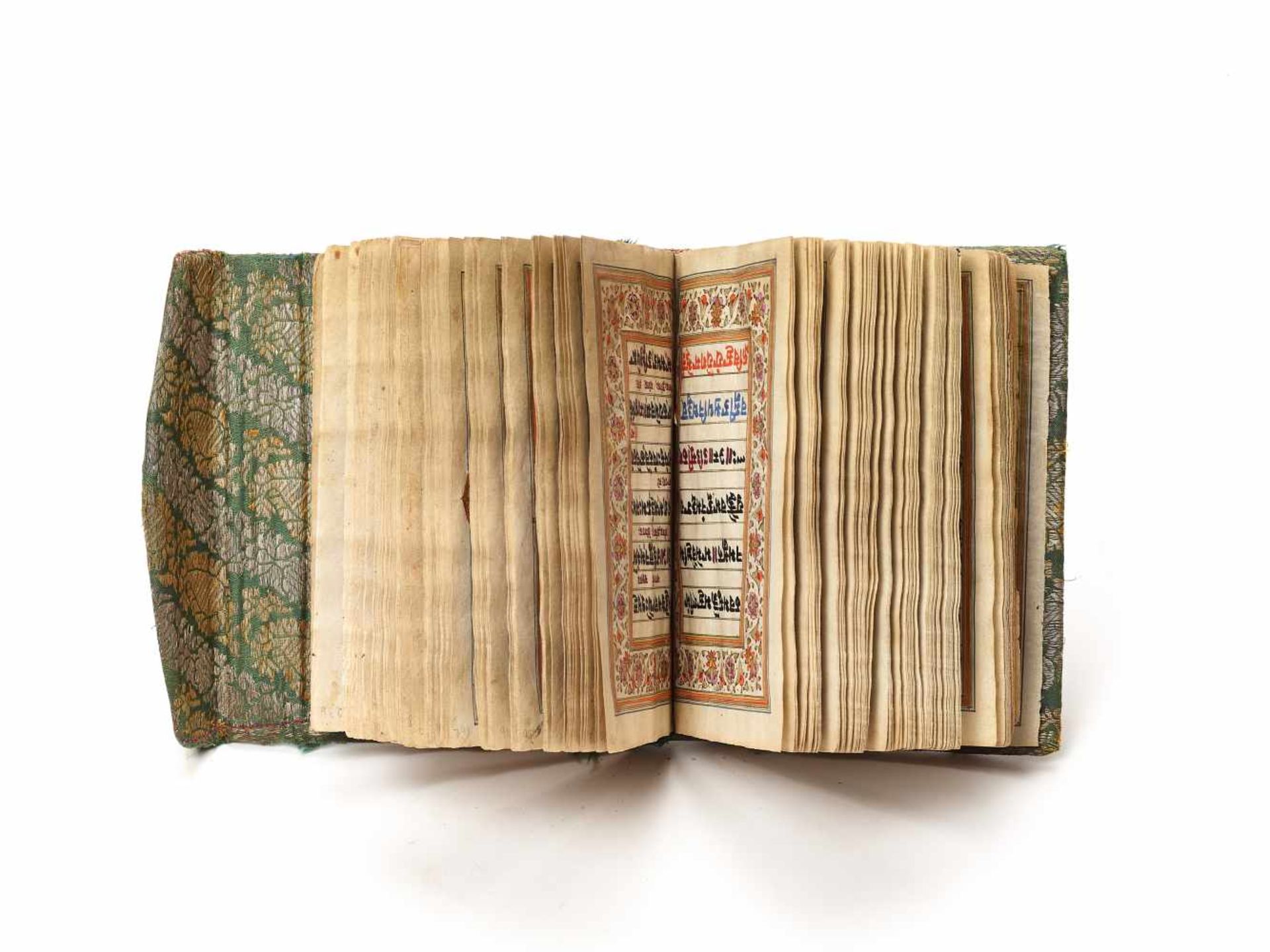 AN INDIAN MANUSCRIPT - 19th CENTURYFabric cover with inside paper pages, hand painted with colors