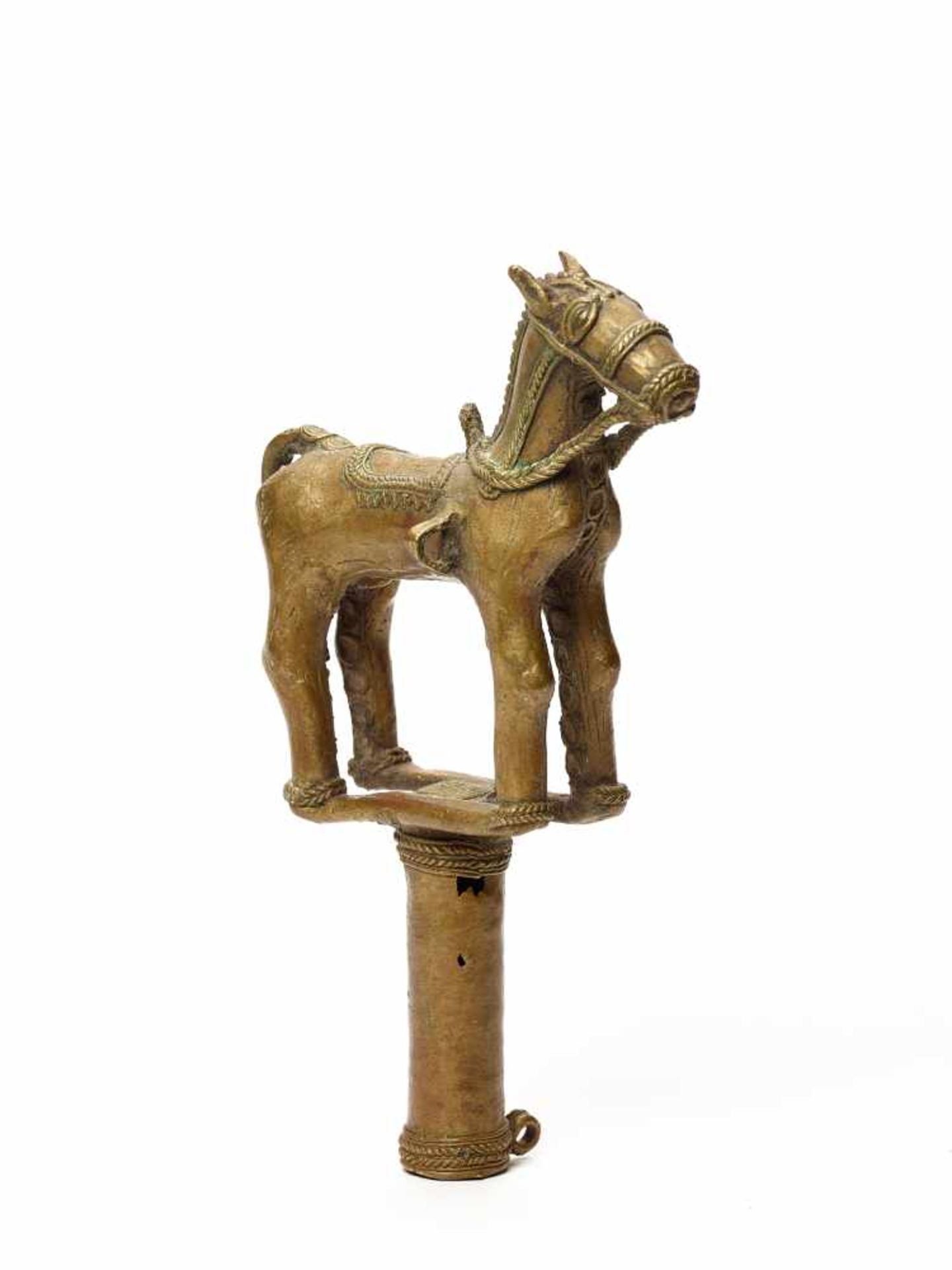 A BASTAR BRONZE WARRIOR HORSE ON HARDGRIPBronzeIndia, 19th-20th centuryThe warrior horse stands on a