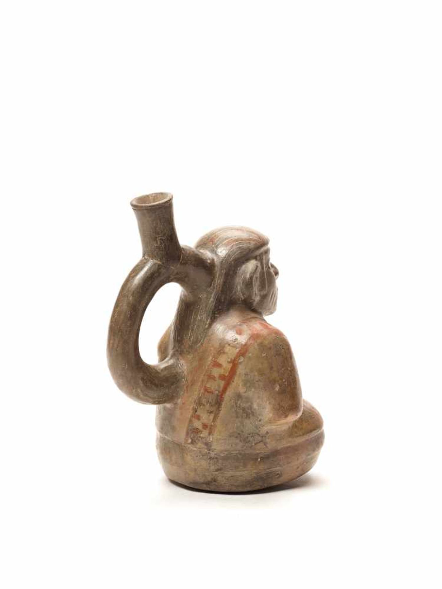 MAN IN PONCHO SHAPED VESSEL – MOCHE CULTURE, PERU, C. 200 - 400 ADFired clay painted in shades of - Image 4 of 4