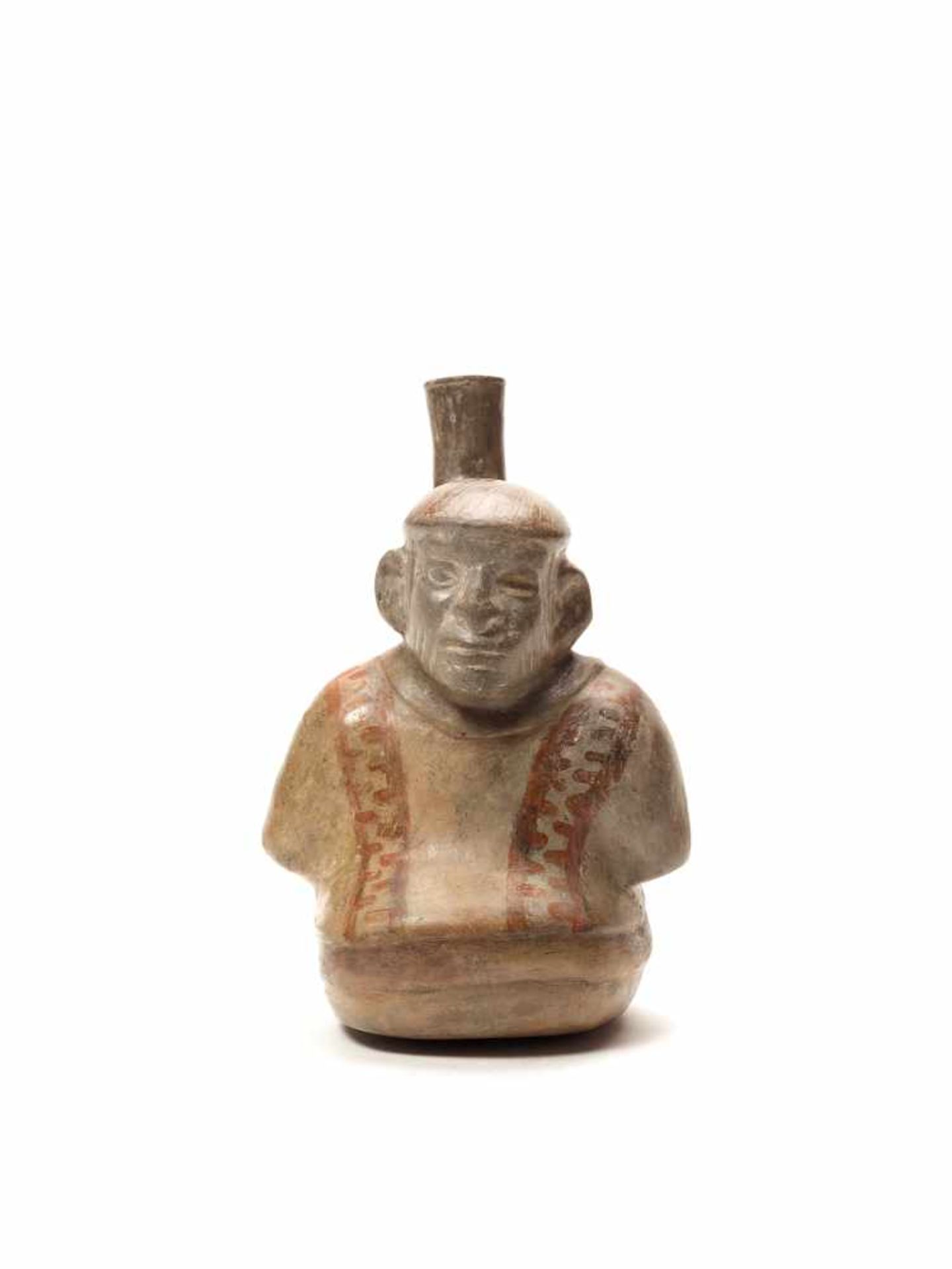 MAN IN PONCHO SHAPED VESSEL – MOCHE CULTURE, PERU, C. 200 - 400 ADFired clay painted in shades of - Image 2 of 4