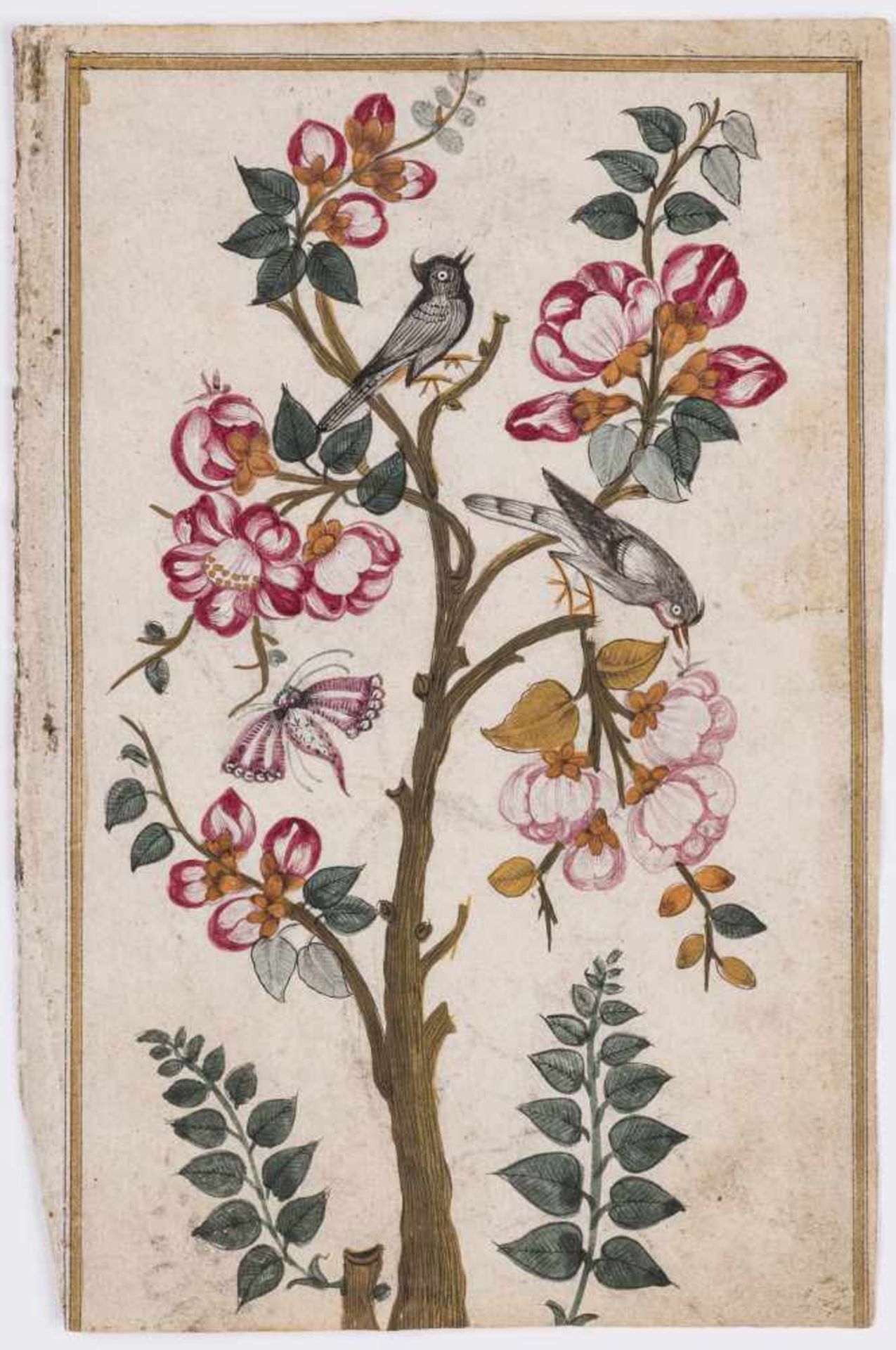 BLOSSOMING TREE WITH BIRDS AND BUTTERFLIES - INDIA, 19th CENTURYMiniature painting with gold and