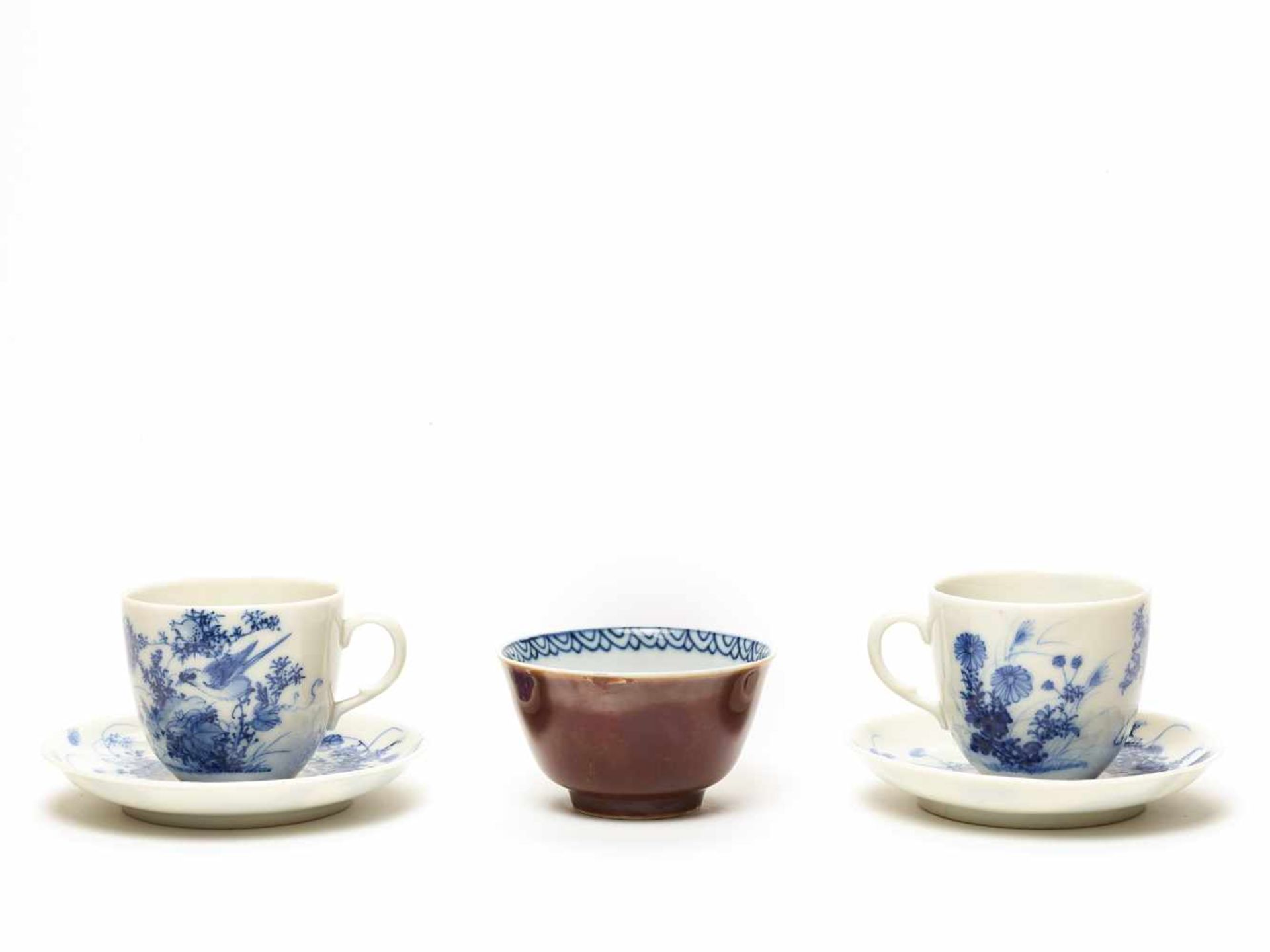 A NICE LOT OF TWO HIRADO CUPS AND SAUCERS AND A RARE MEISSEN CUP, 19TH CENTURYHirado and Meissen