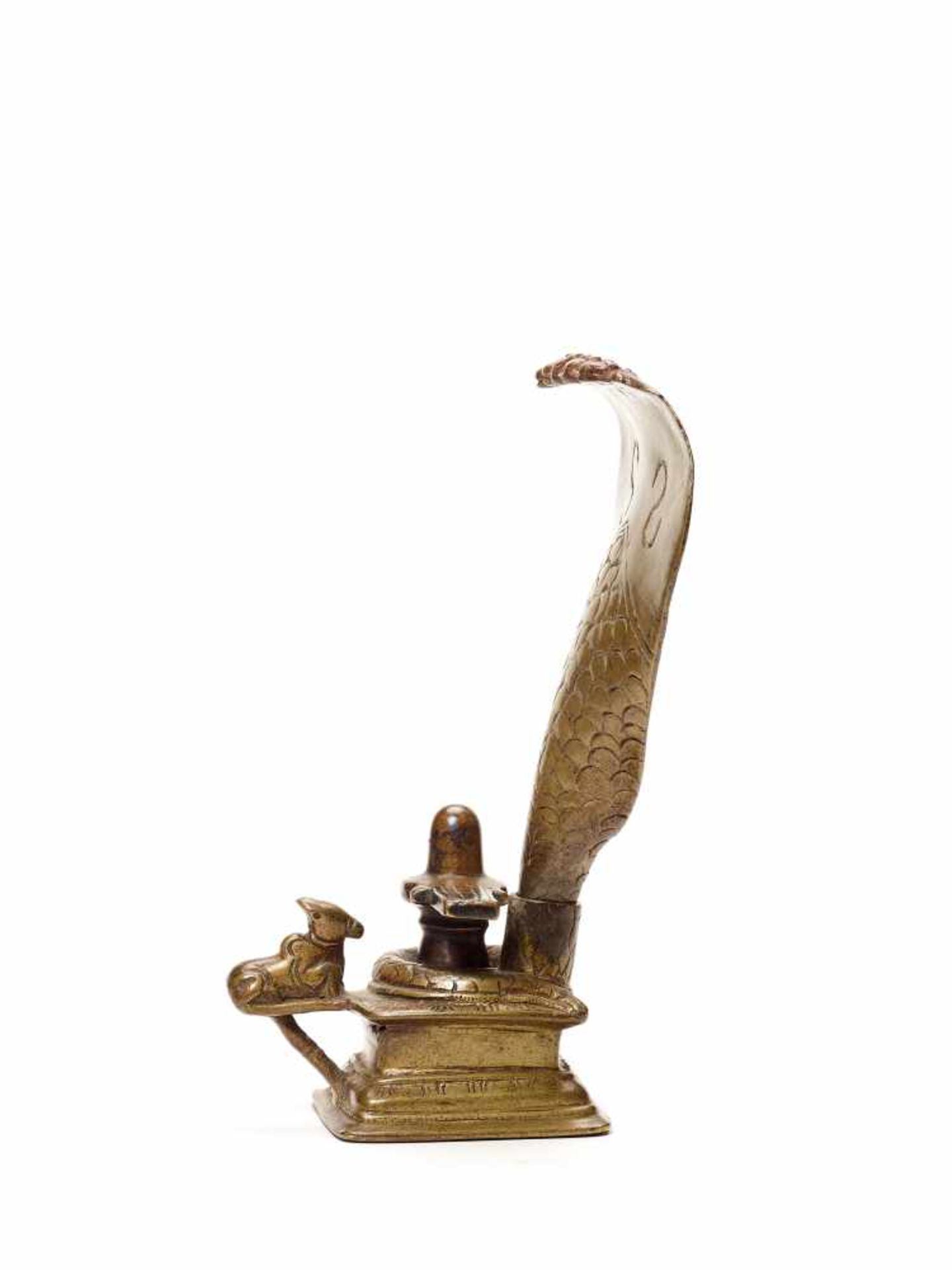 AN INDIAN BRONZE LINGA-YONI WITH A FIVE-HEADED NAGA AND NANDI, 18th CENTURYYellow bronzeIndia, - Image 2 of 5