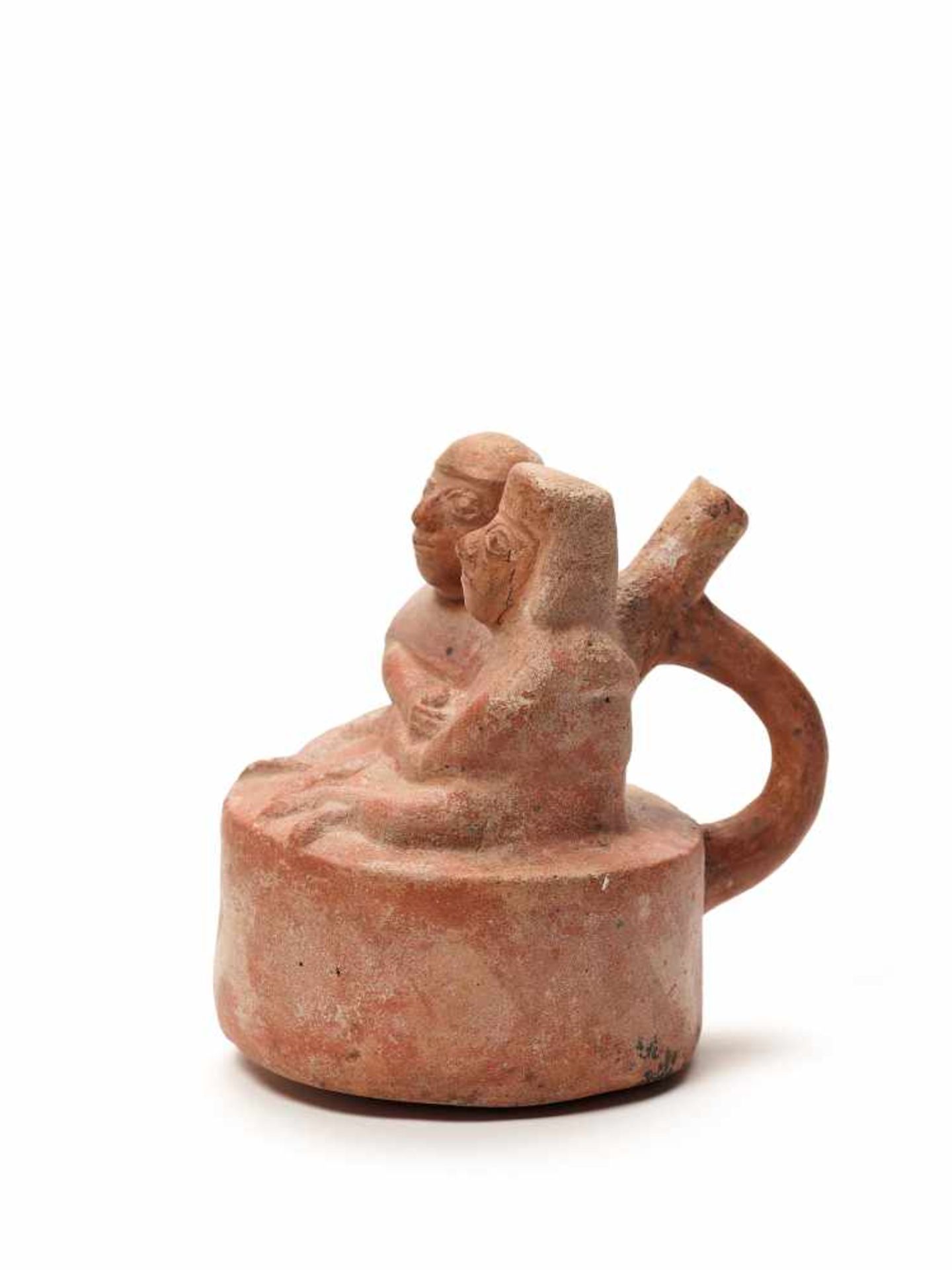 FIGURATIVE STIRRUP VESSEL – MOCHE CULTURE, PERU, C. 500 ADFired clay with white and black - Image 3 of 4