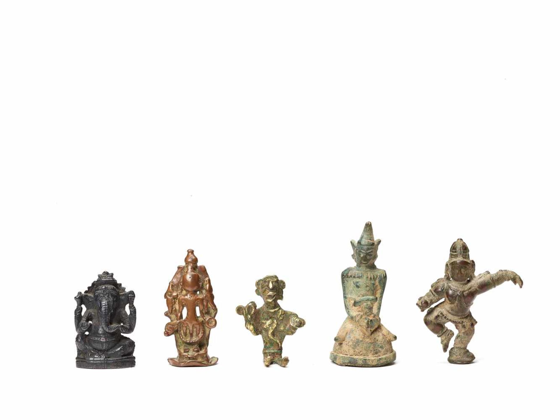 FIVE SMALL BRONZE FIGURES OF DEITIESBronzeIndia and Southeast Asia, 17th to 19th century, possibly