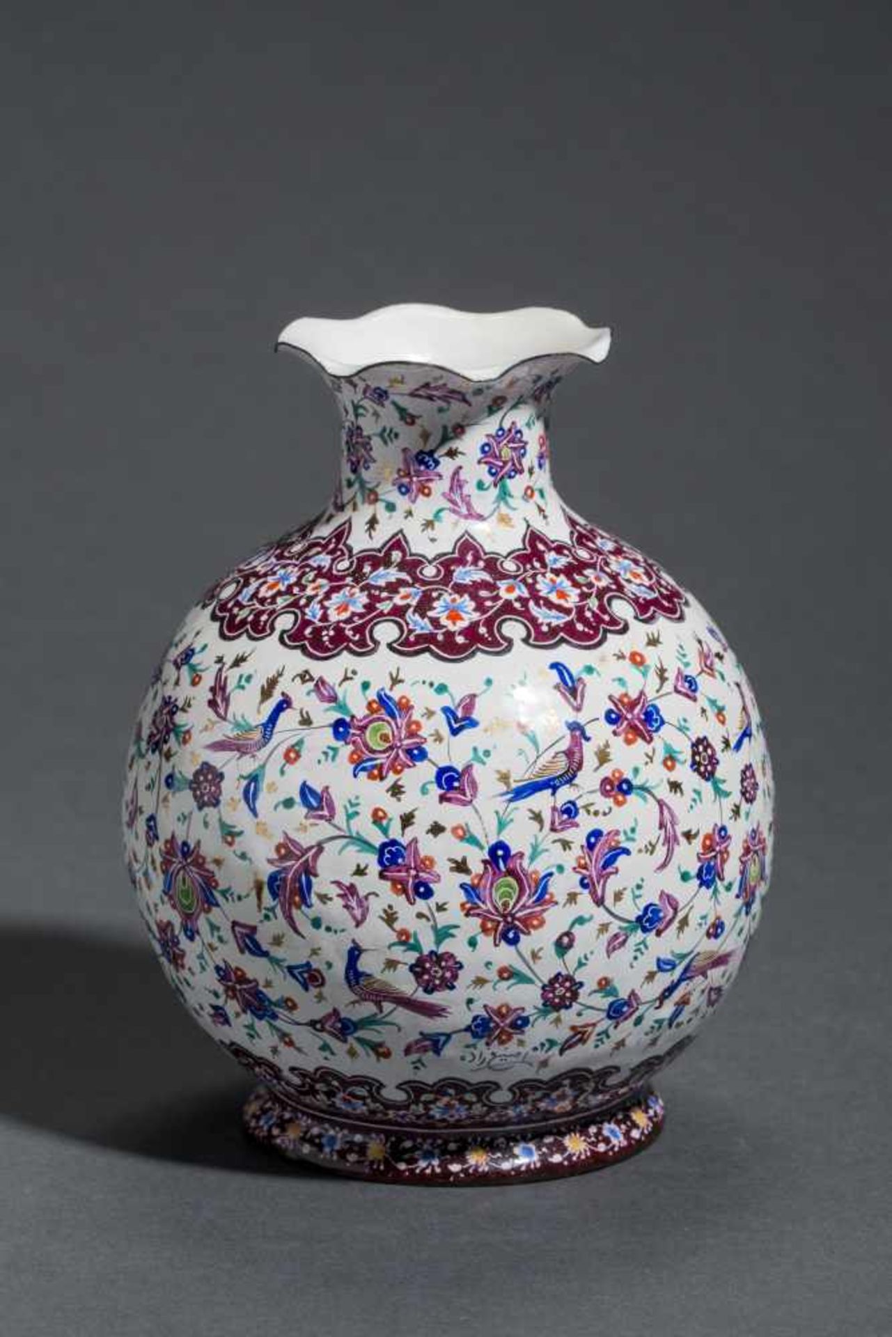 VASE WITH BLOSSOMS-BIRD DECORColorful painting on enamel, some gold Persia, around middle 20th cent. - Image 2 of 4