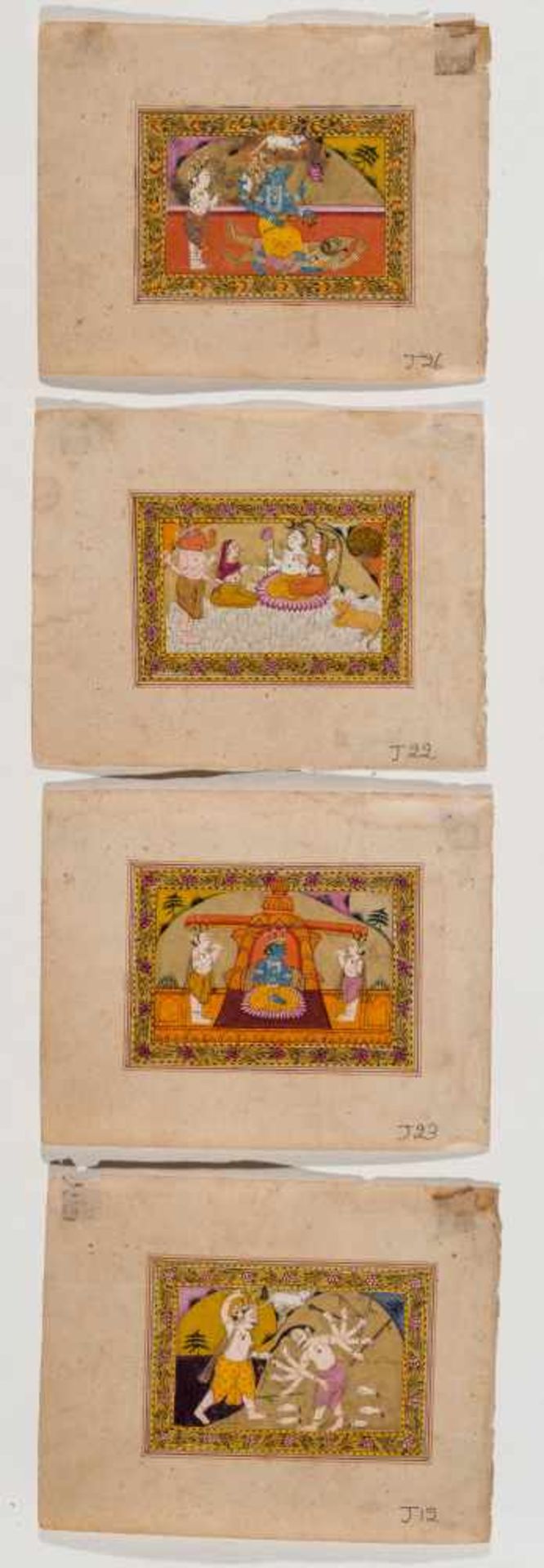 FOUR MINIATURE PAINTINGS DEPICTING DEITIES – INDIA 19TH CENTURYMiniature painting with colors and