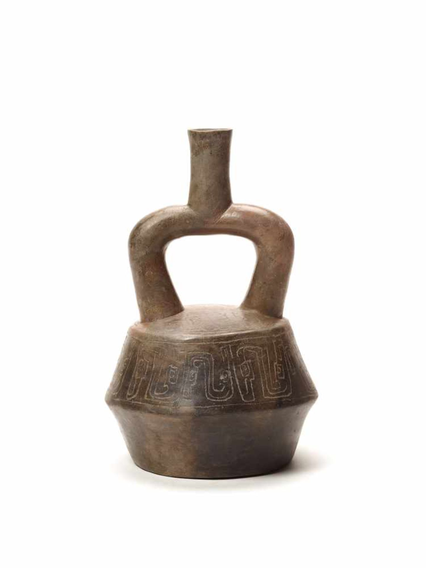 ENGRAVED STIRRUP VESSEL - CHAVIN CULTURE, PERU, C. 500 BCBlack fired clayChavin culture, Peru, c.
