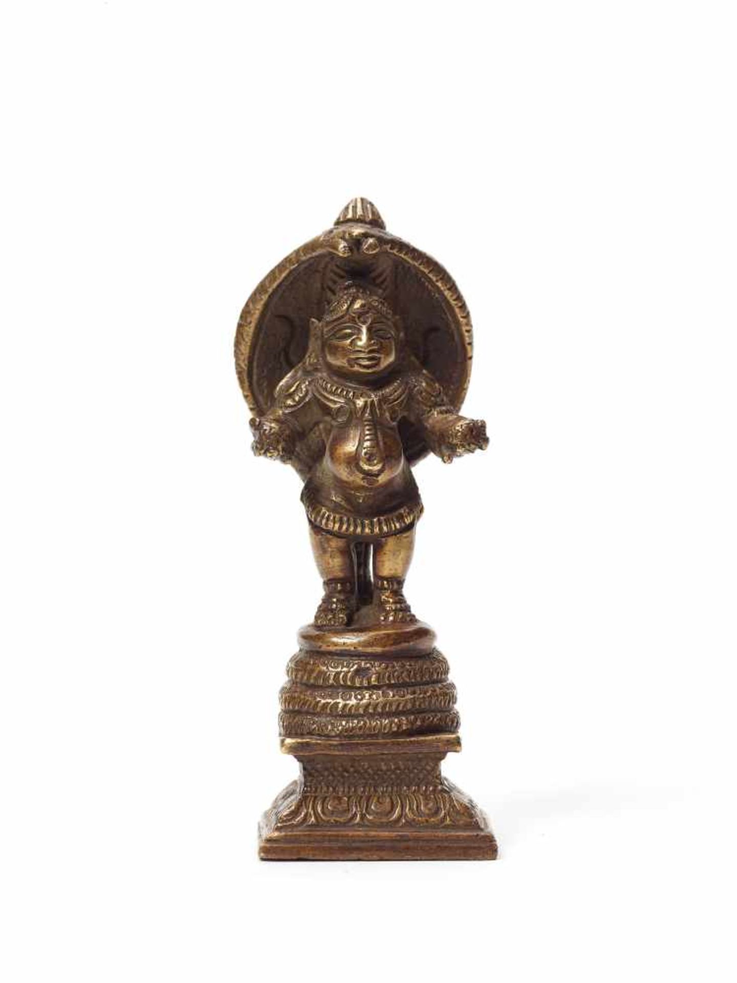 A RARE INDIAN BRONZE OF STANDING KRISHNA WITH NAGAYellow bronzeSouth-India, 19th centuryA rare and - Image 2 of 5