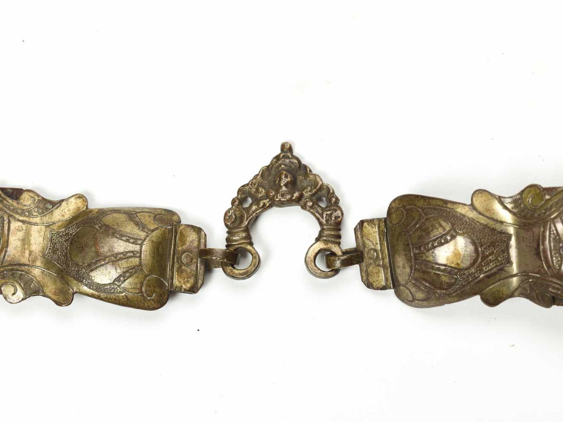 A BELT WITH BUCKLE AND VESSEL, C. 19TH CENTURYBrass, silver-plated, leatherNorthern India or - Image 5 of 5