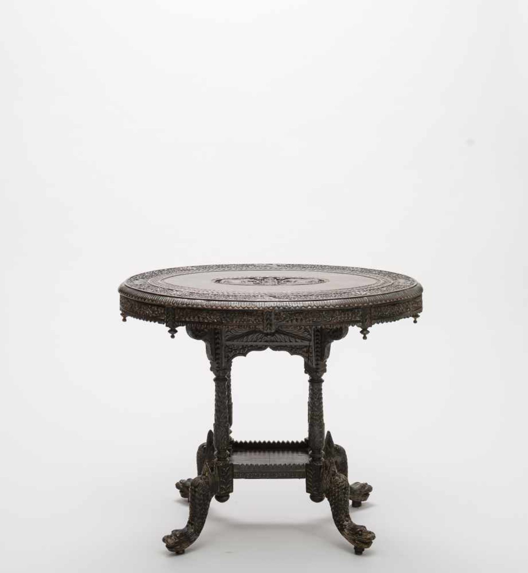 TABLE WITH RICH CARVED DECORRosewood India, 19th cent. Oval round surface with a wide rim - Image 3 of 8