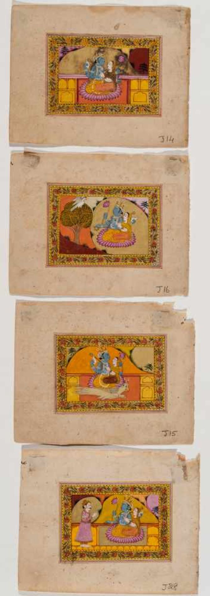 FOUR MINIATURE PAINTINGS DEPICTING KRISHNA WITH RADA – INDIA 19TH CENTURYMiniature painting with
