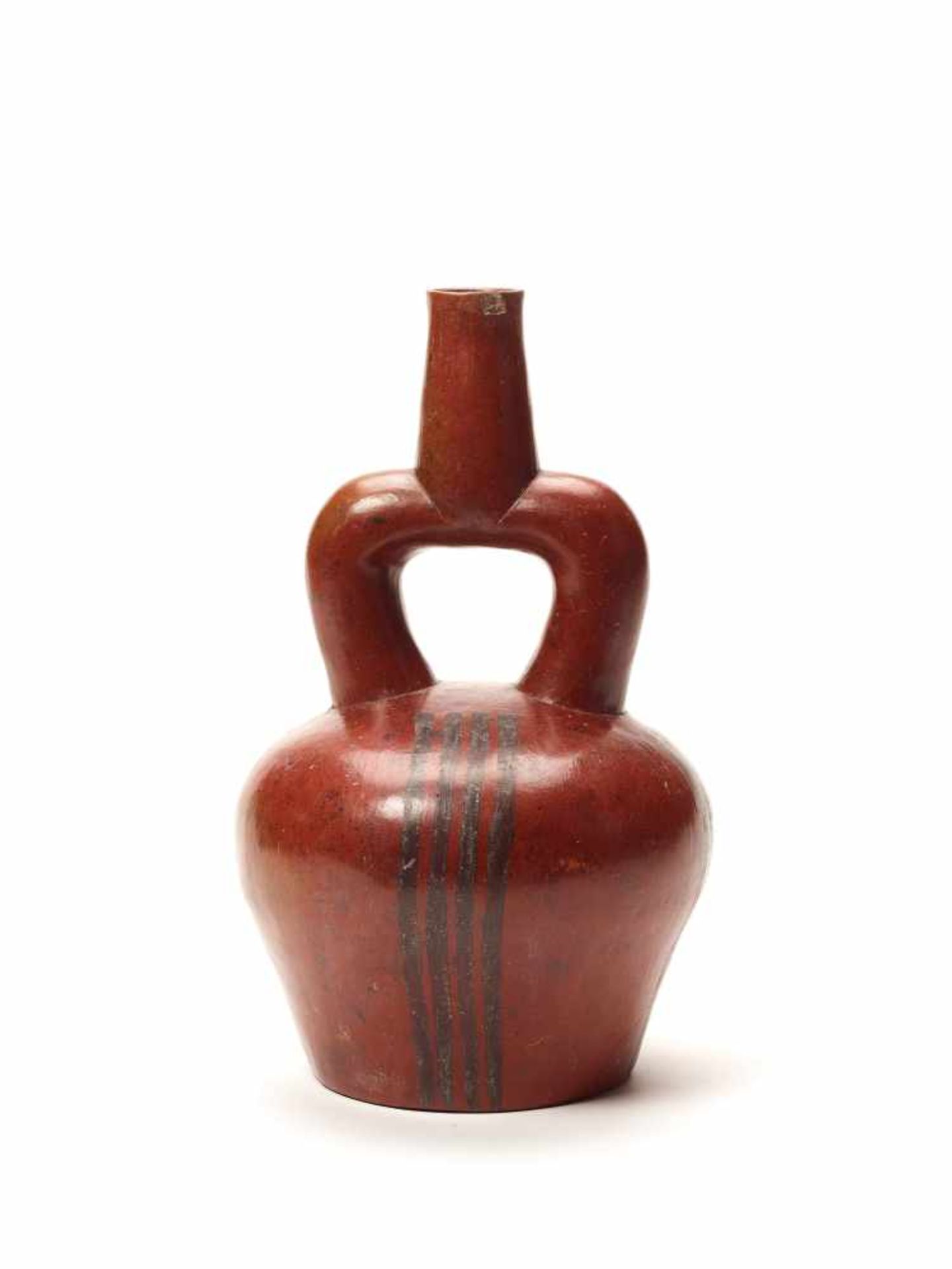 TL TESTED REDDISH STIRRUP VESSEL - CHAVIN CULTURE, PERU, C. 1ST CENTURY BCPainted fired clayChavin - Image 2 of 3