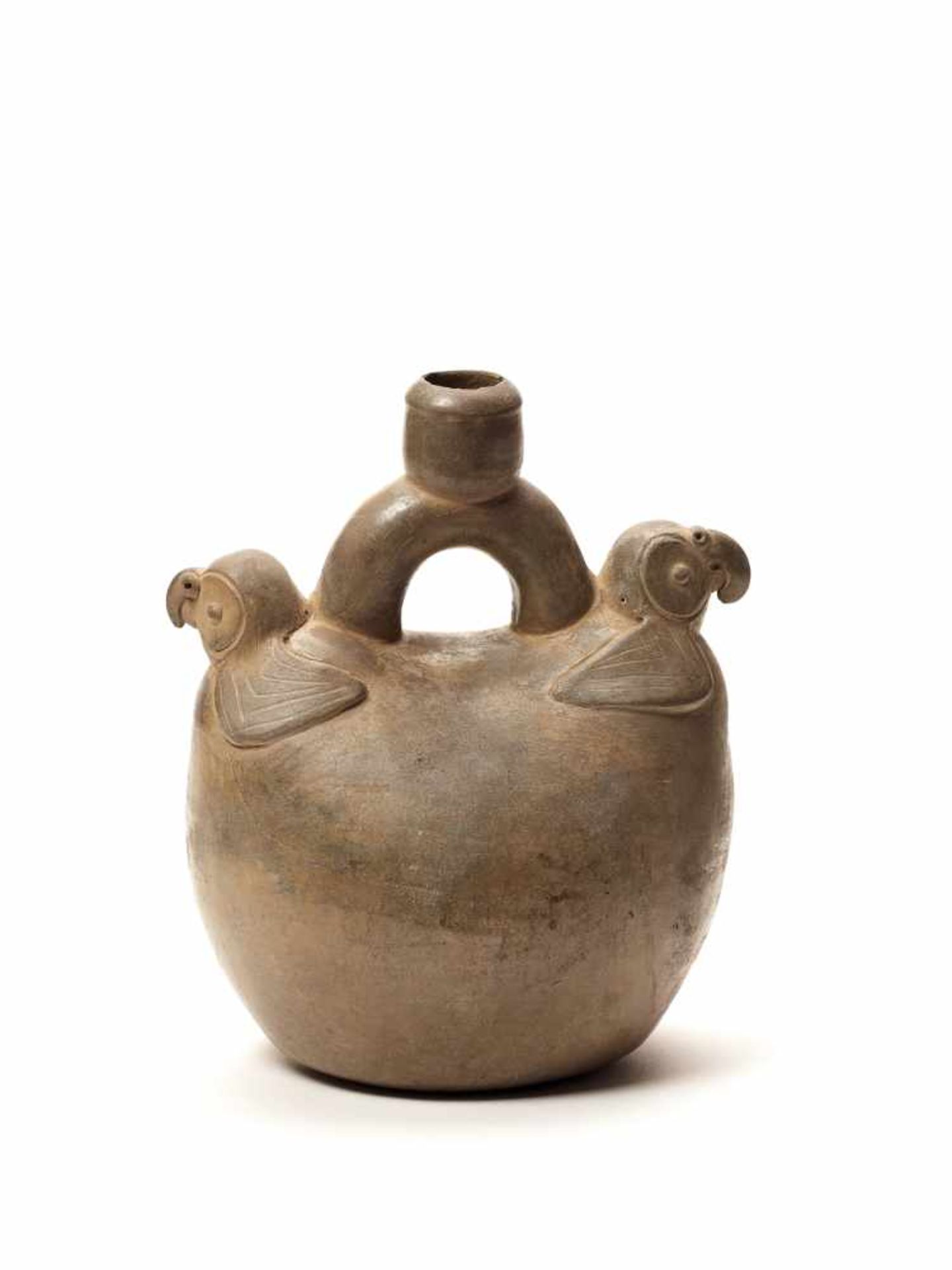 TL-TESTED TWO PARROTS STIRRUP VESSEL - CHAVIN CULTURE, PERU, C. 5TH CENTURY BCGrayish fired - Image 2 of 4