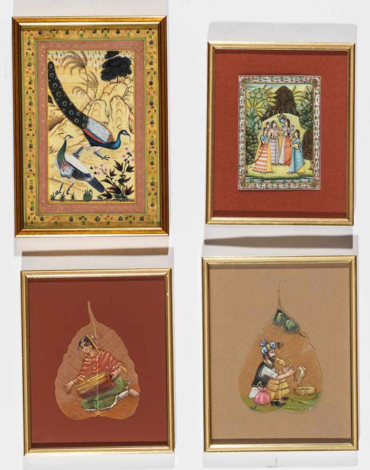 FOUR SMALL INDIAN PAINTINGS – 19TH AND 20TH CENTURYColors and gold on paper, ivory and leaves, all