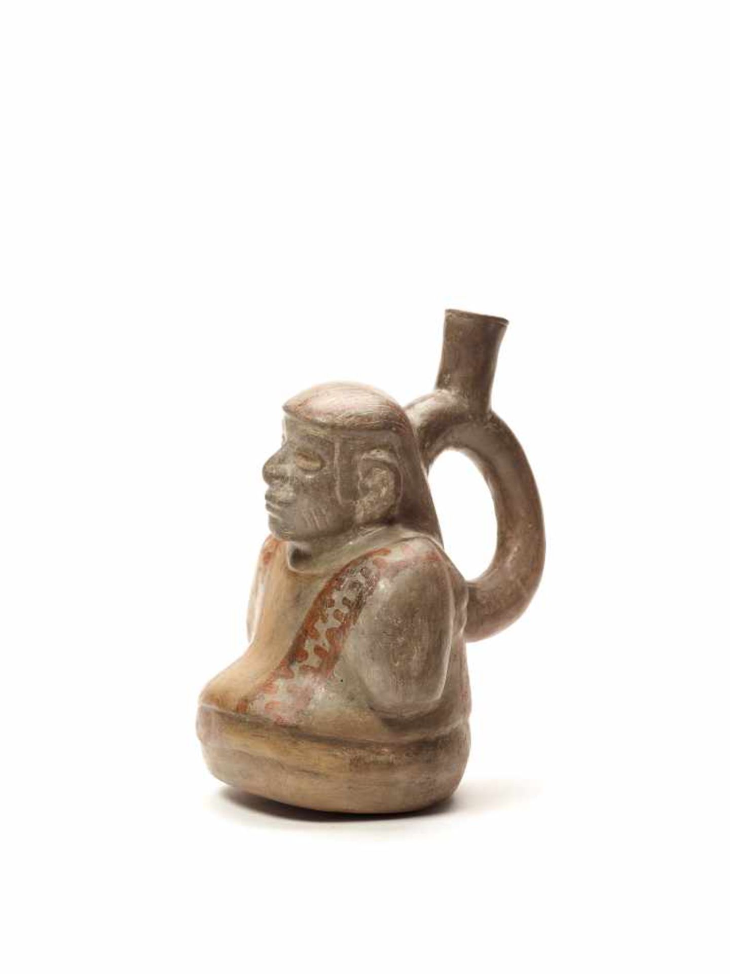 MAN IN PONCHO SHAPED VESSEL – MOCHE CULTURE, PERU, C. 200 - 400 ADFired clay painted in shades of - Image 3 of 4