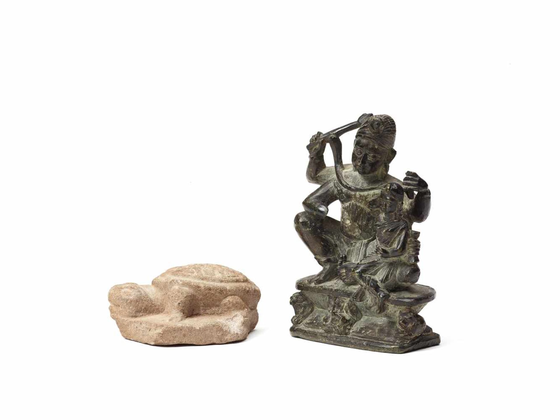 TWO STONE FIGURESStone carving, SandstoneIndia, 19th century; Probably Southeast Asia, c. 18th- - Image 2 of 4