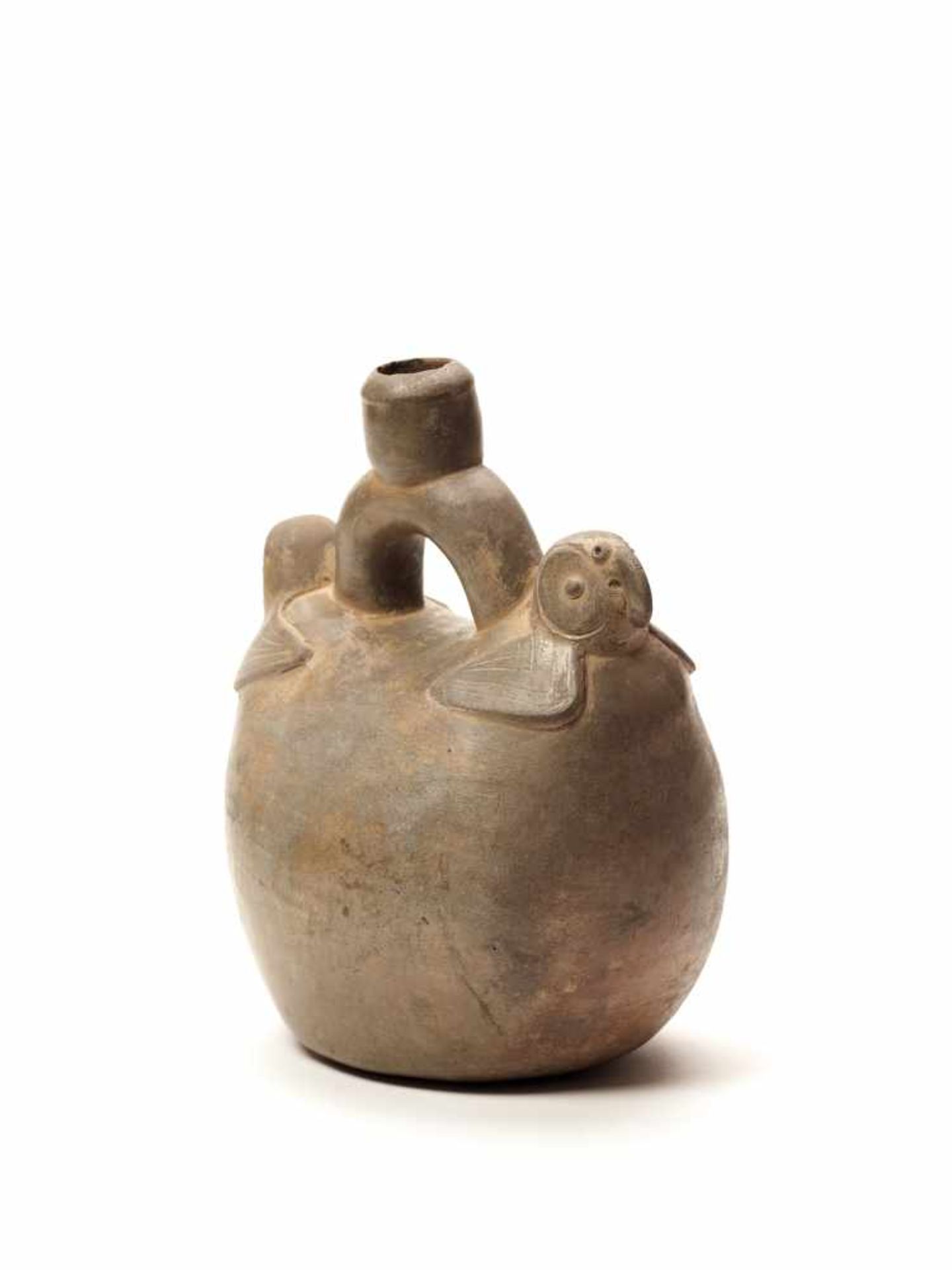 TL-TESTED TWO PARROTS STIRRUP VESSEL - CHAVIN CULTURE, PERU, C. 5TH CENTURY BCGrayish fired - Image 3 of 4