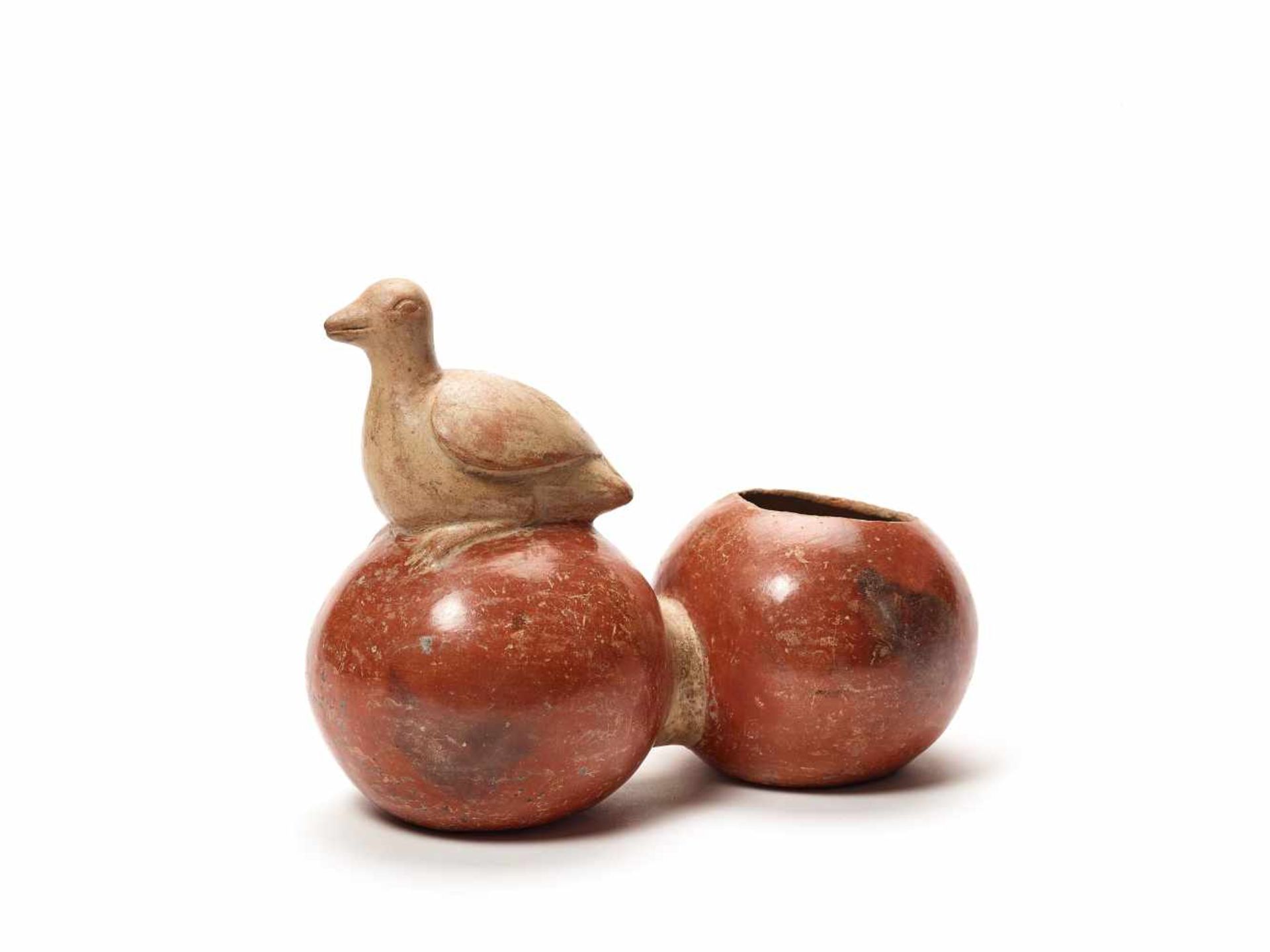 DOUBLE-CHAMBERED VESSEL WITH BIRD – MOCHE CULTURE, PERU, C. 500 ADPainted fired clayMoche culture,