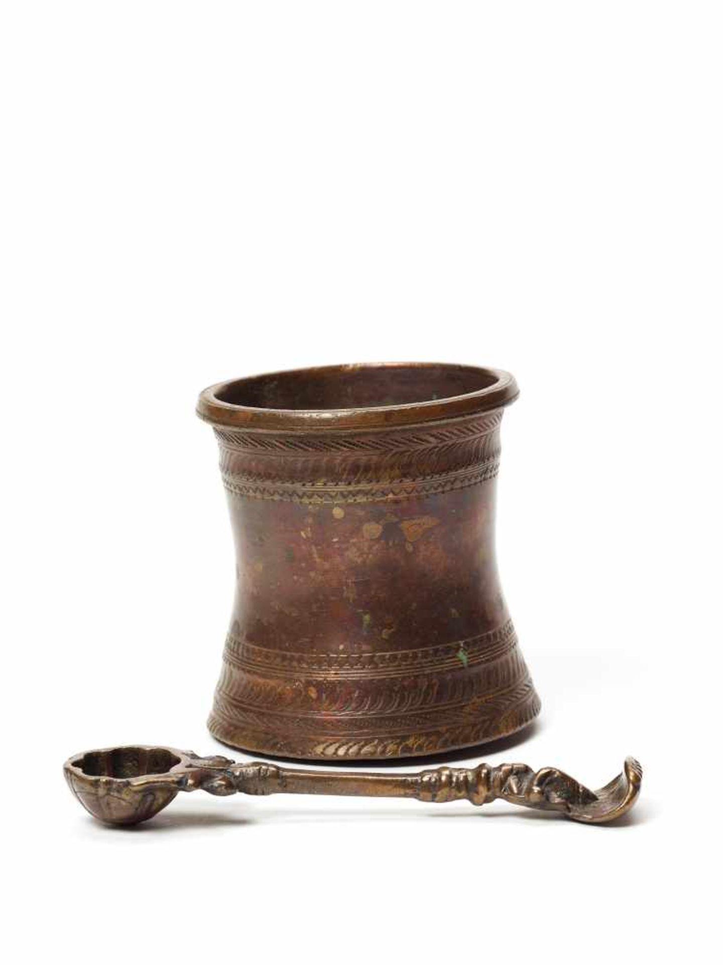 AN INDIAN BRONZE RITUAL VESSEL (PANCHA PATRA) WITH GANESHA SPOONCopper-bronzeIndia, 19th