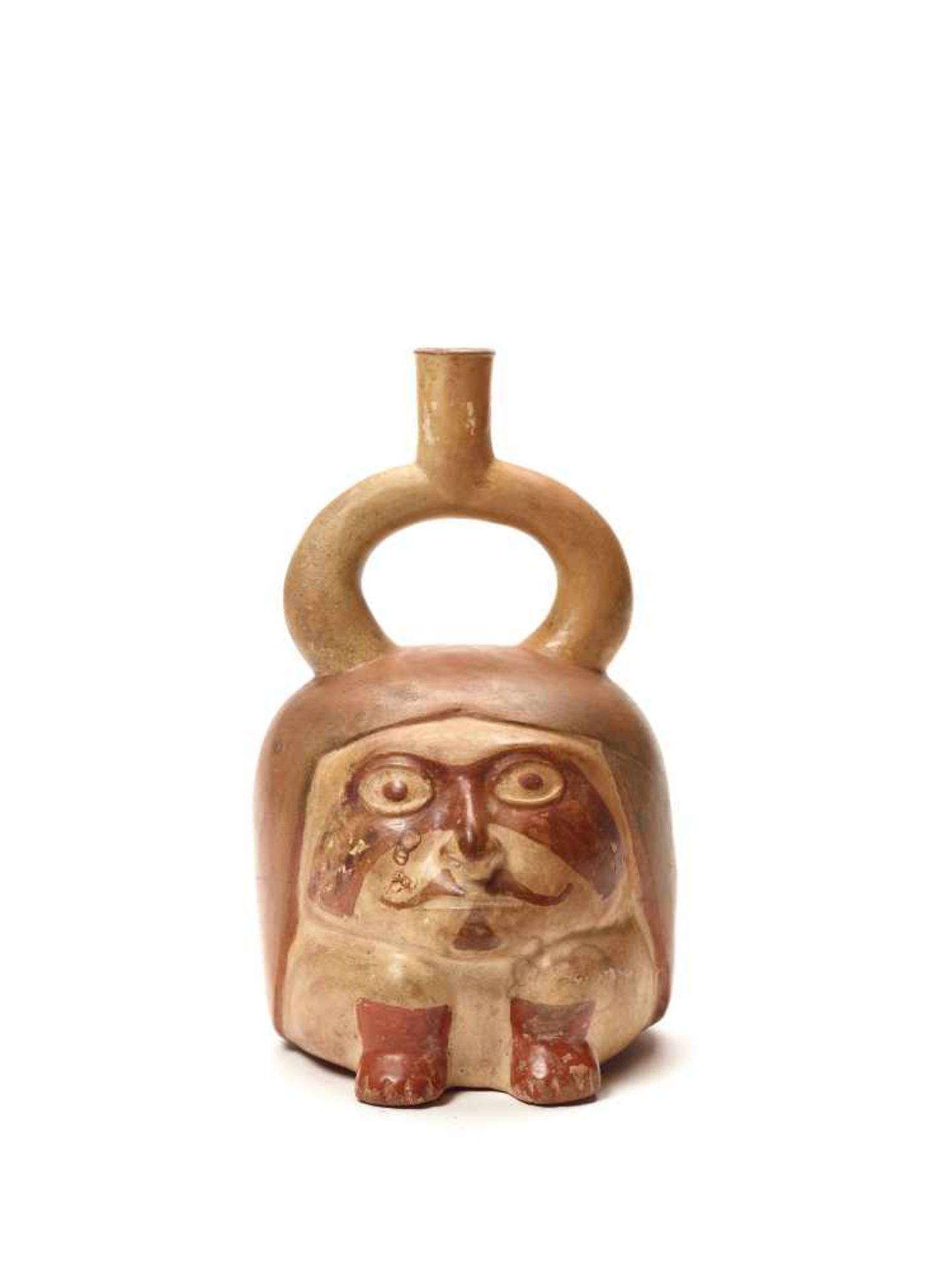 TL TESTED HEAD SHAPE STIRRUP VESSEL - MOCHE CULTURE, PERU, C. 1ST CENTURYFired clay with red color