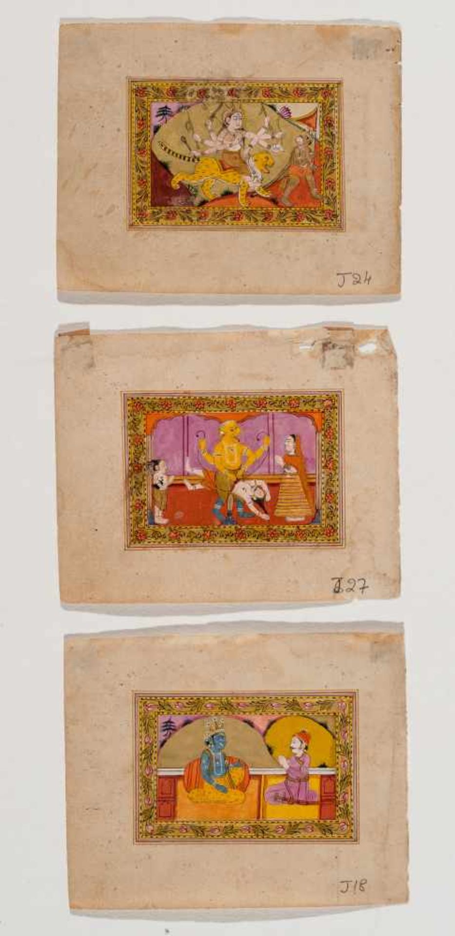 THREE MINIATURE PAINTINGS DEPICTING DIVINE DEITIES – INDIA 19TH CENTURYMiniature paintings with