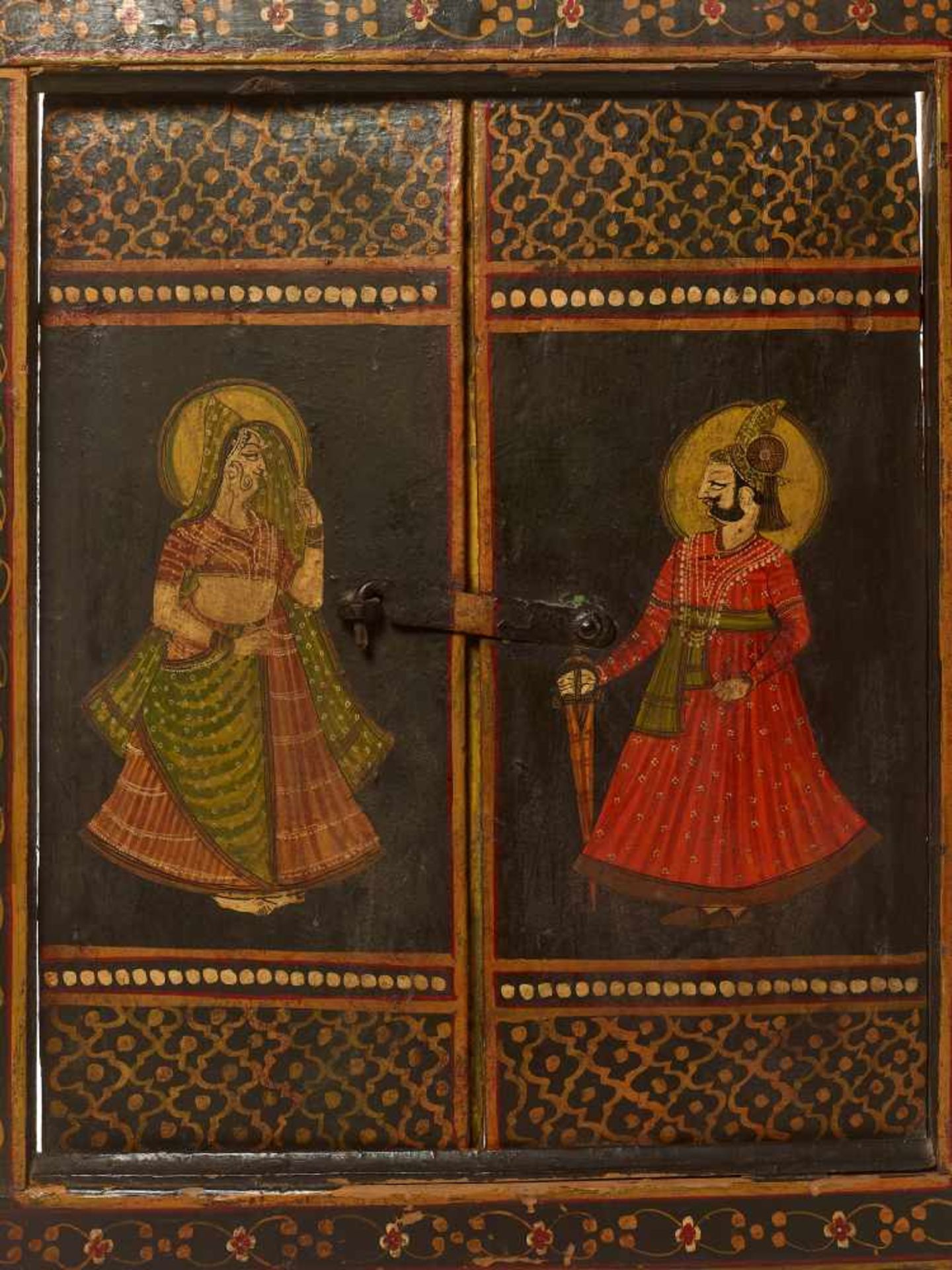 A DOUBLE-FOLDING WOODEN WINDOW - INDIA, 19TH CENTURYIndia, late 19th centuryPainted wood and - Image 2 of 4