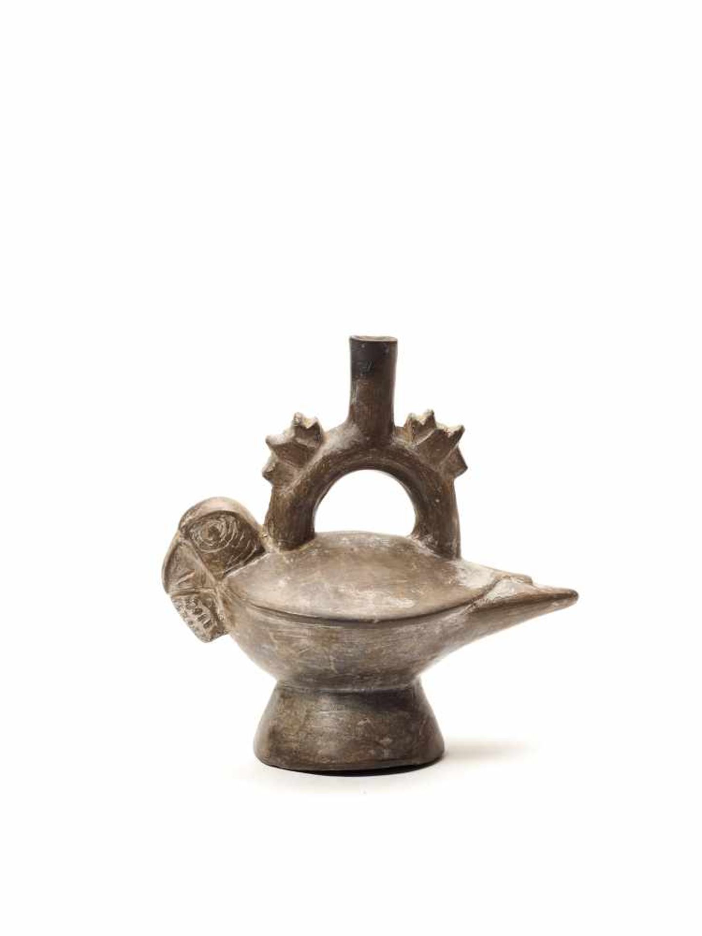 STIRRUP VESSEL WITH PARROT – CHIMU CULTURE, PERU, C. 1000-1400 ADBlack fired clayChimu, Peru, c.