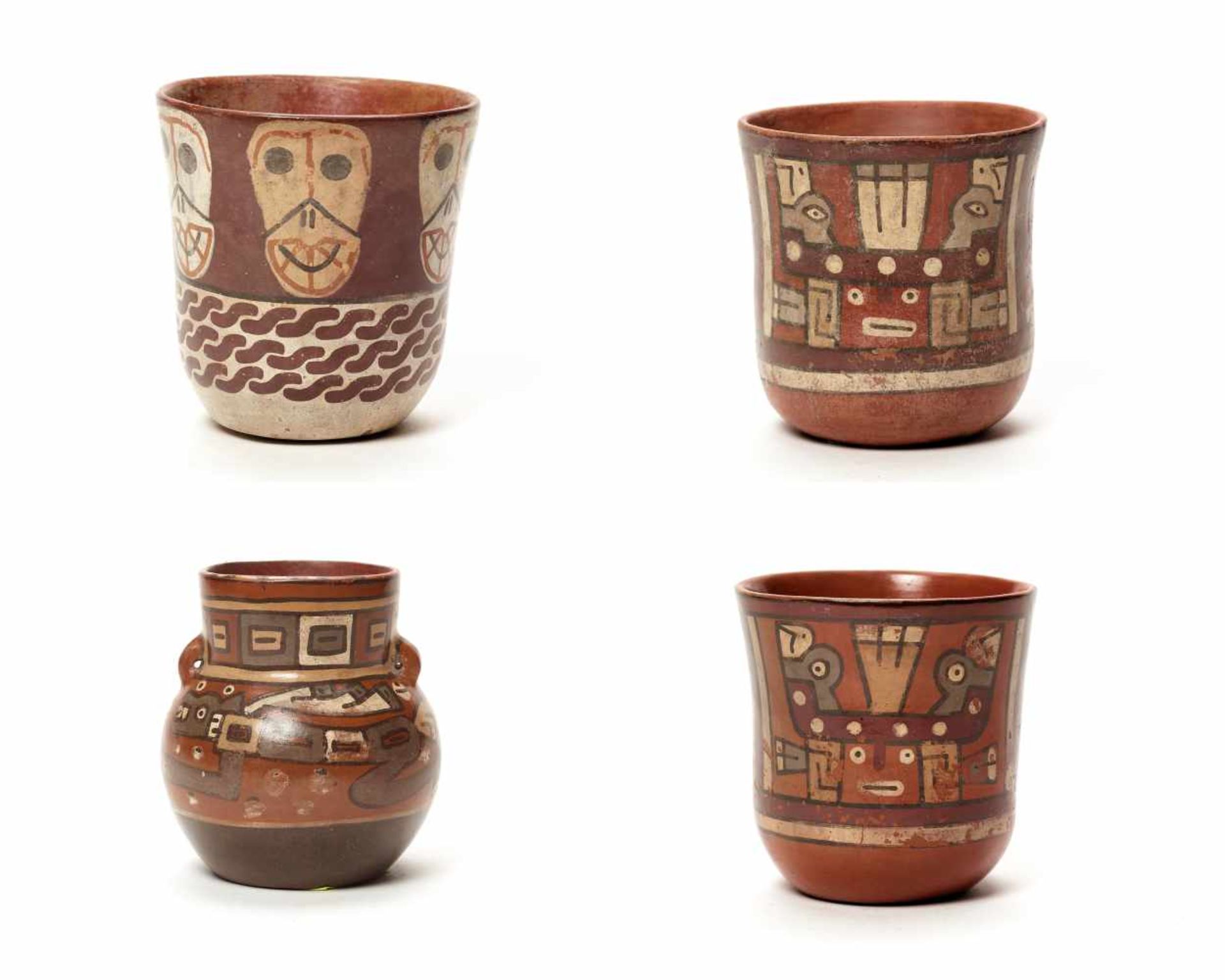 THREE CUPS AND A VESSEL- HUARI/ WARI CULTURE STYLE Painted clayHuari/ Wari culture style, Peru,