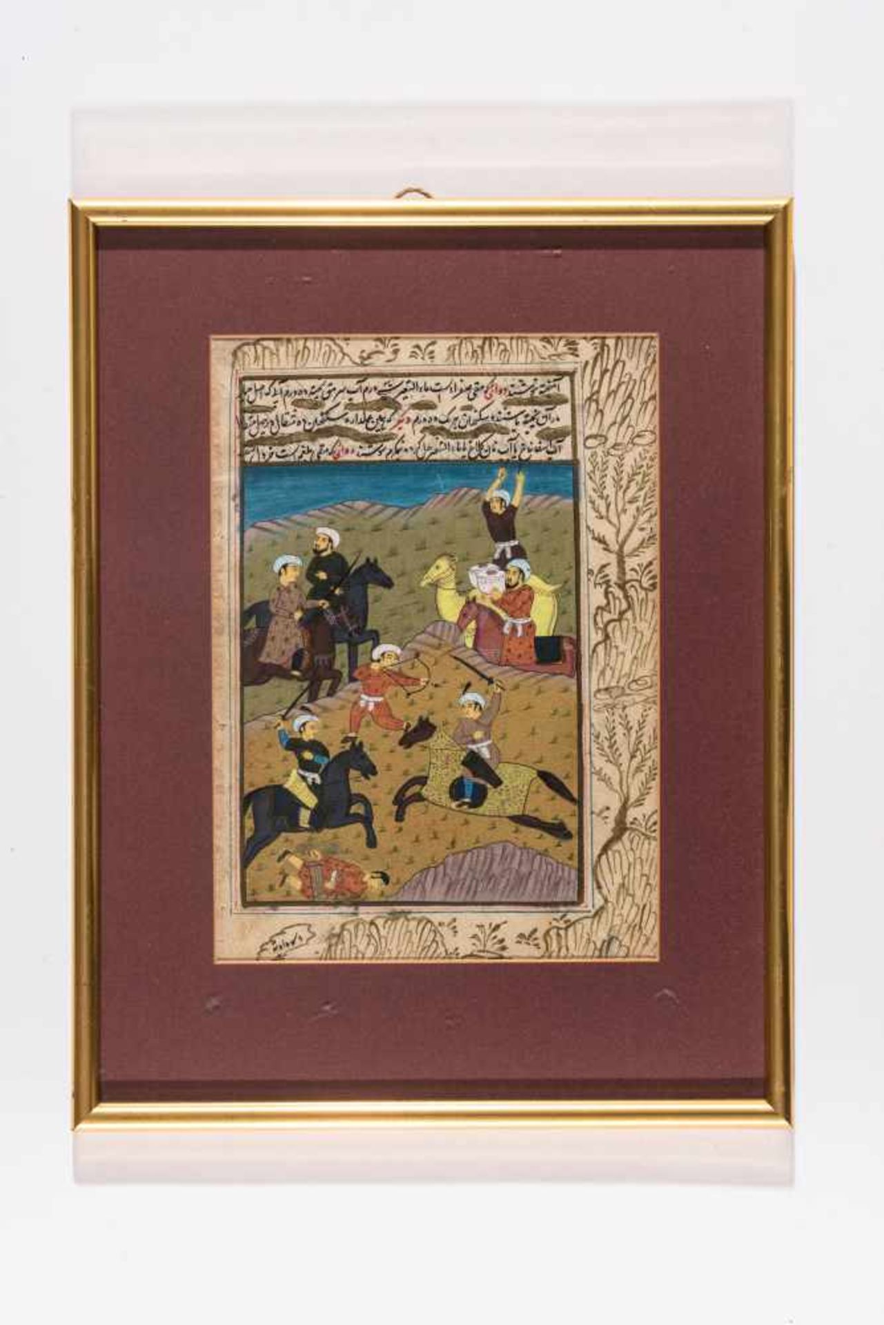 A MINIATURE PAINTING OF A BATTLE SCENE- 19th CENTURYMiniature painting with colors and gold on - Bild 2 aus 2