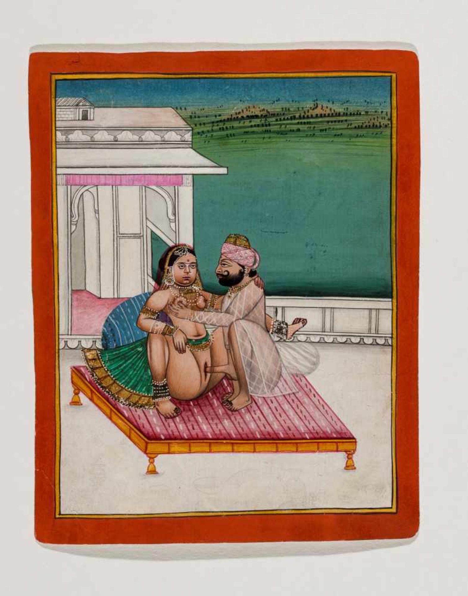 AN EROTIC MINIATURE PAINTING - INDIA, 19TH – EARLY 20th CENTURYGouache and gold paint on paper