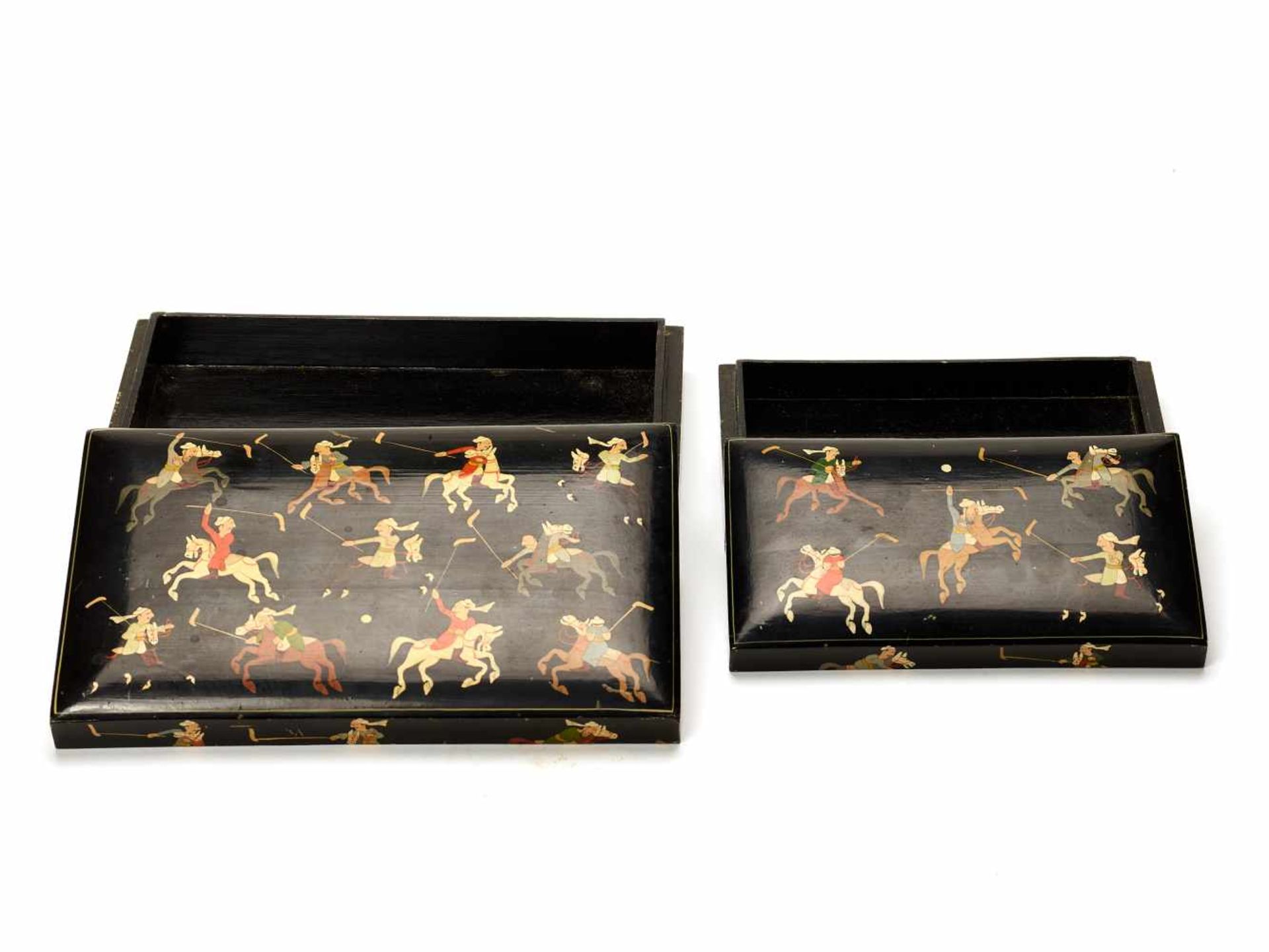 A 1950s LACQUERED PAIR OF JEWELRY BOXES WITH POLO RIDERSLacquered woodIndia, Srinagar, KashmirThe - Image 3 of 4