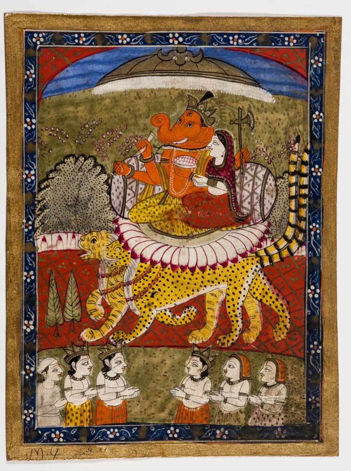 MINIATURE PAINTING - GANESHA ON TWO TIGERS - 19TH CENTURYMiniature painting with colors and gold