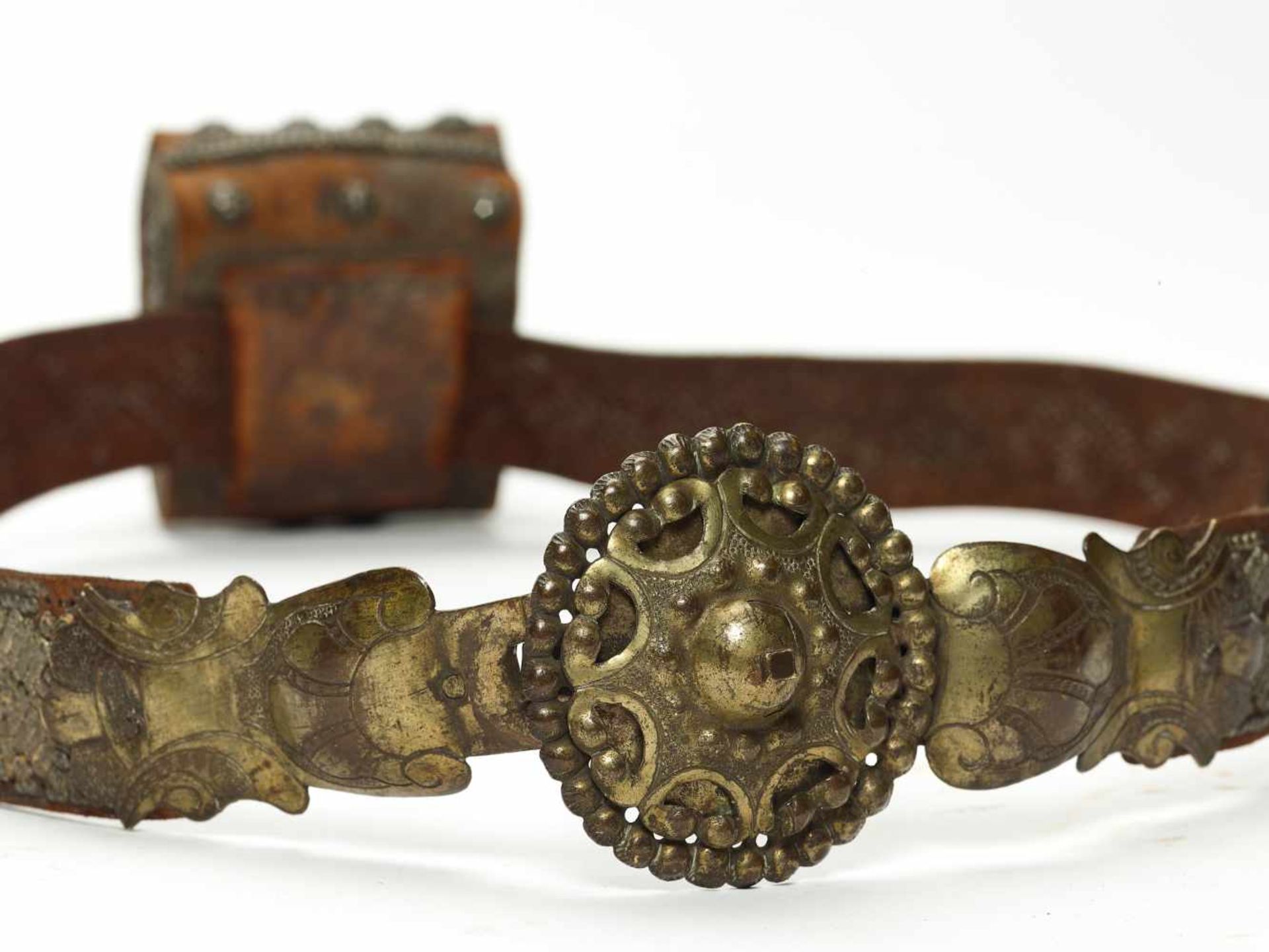 A BELT WITH BUCKLE AND VESSEL, C. 19TH CENTURYBrass, silver-plated, leatherNorthern India or - Image 4 of 5