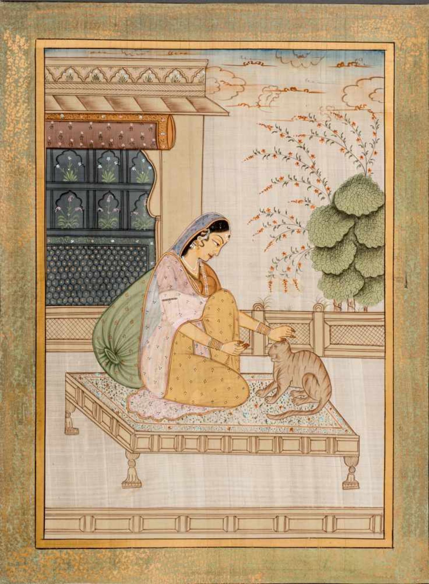 LARGE SILK PAINTING OF A NOBLEWOMAN WITH CAT – 1900s Painting with colors and gold on silk, wooden