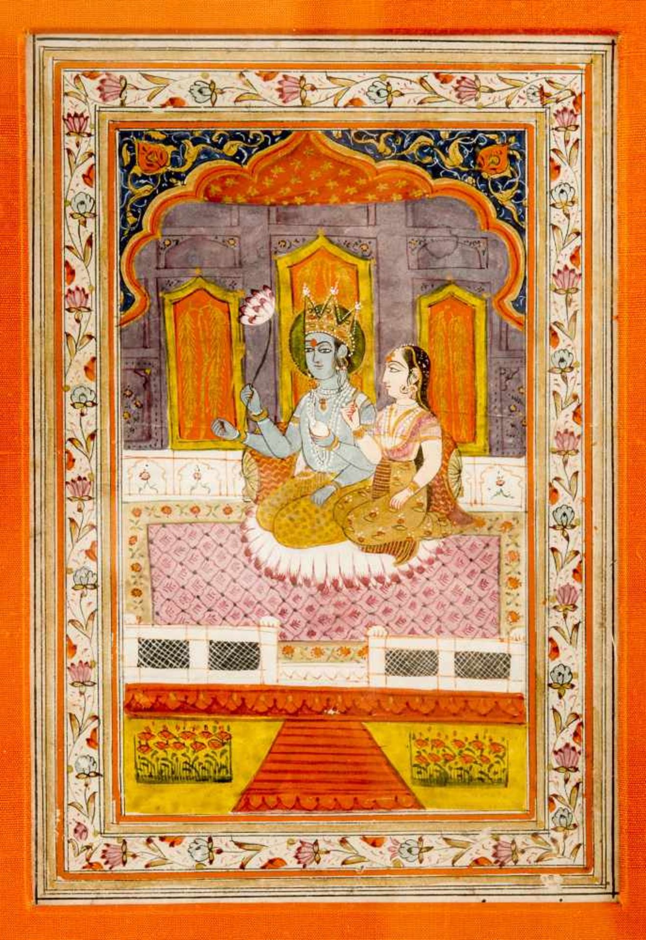 INDIAN MINIATURE PAINTING OF KRISHNA WITH LOVERColors and gold on paperIndia, Mogul style, 19th